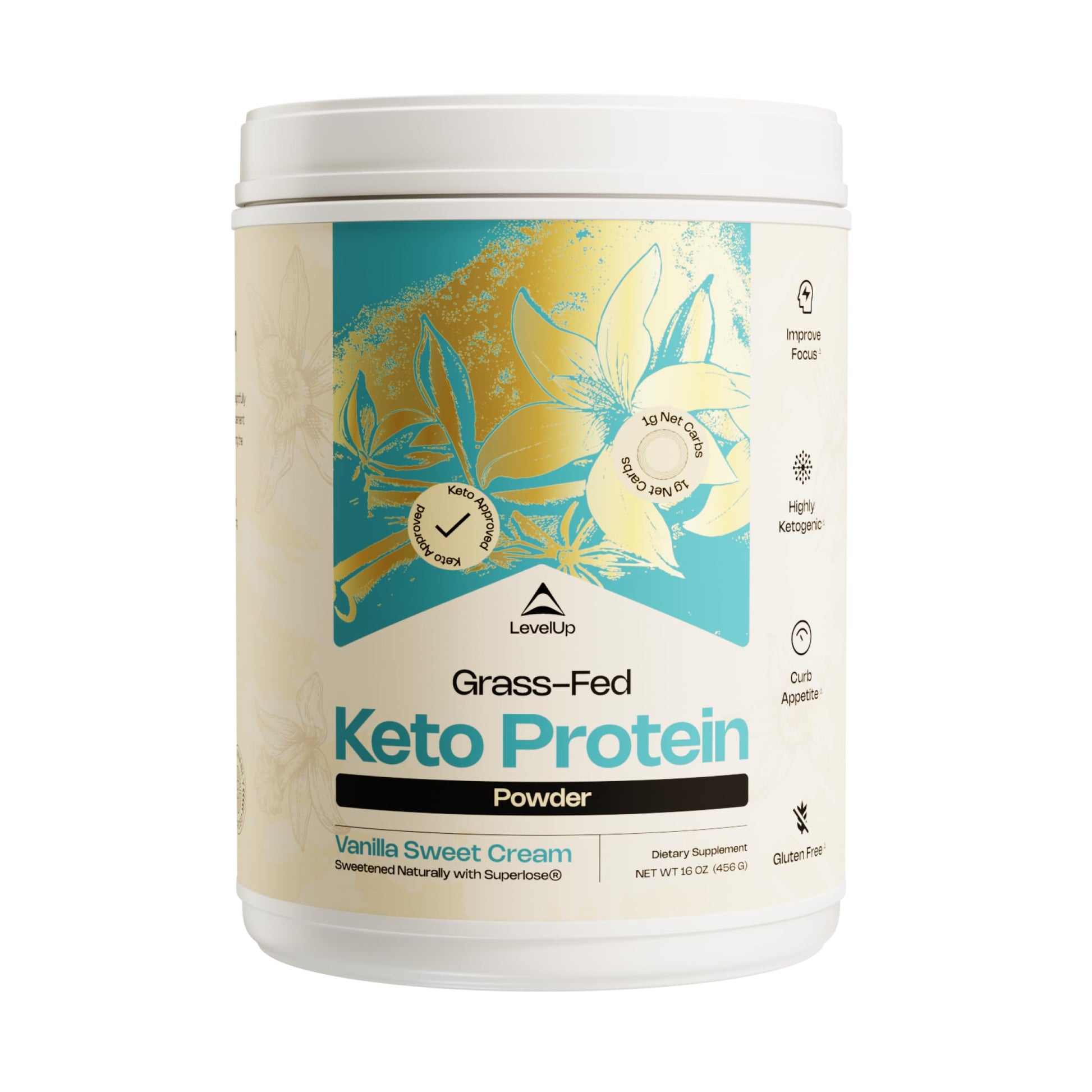 LevelUp Keto Protein with Collagen Peptides, Energizing MCT, Whey Isolate Protein Powder, Vanilla Sweet Cream, 16