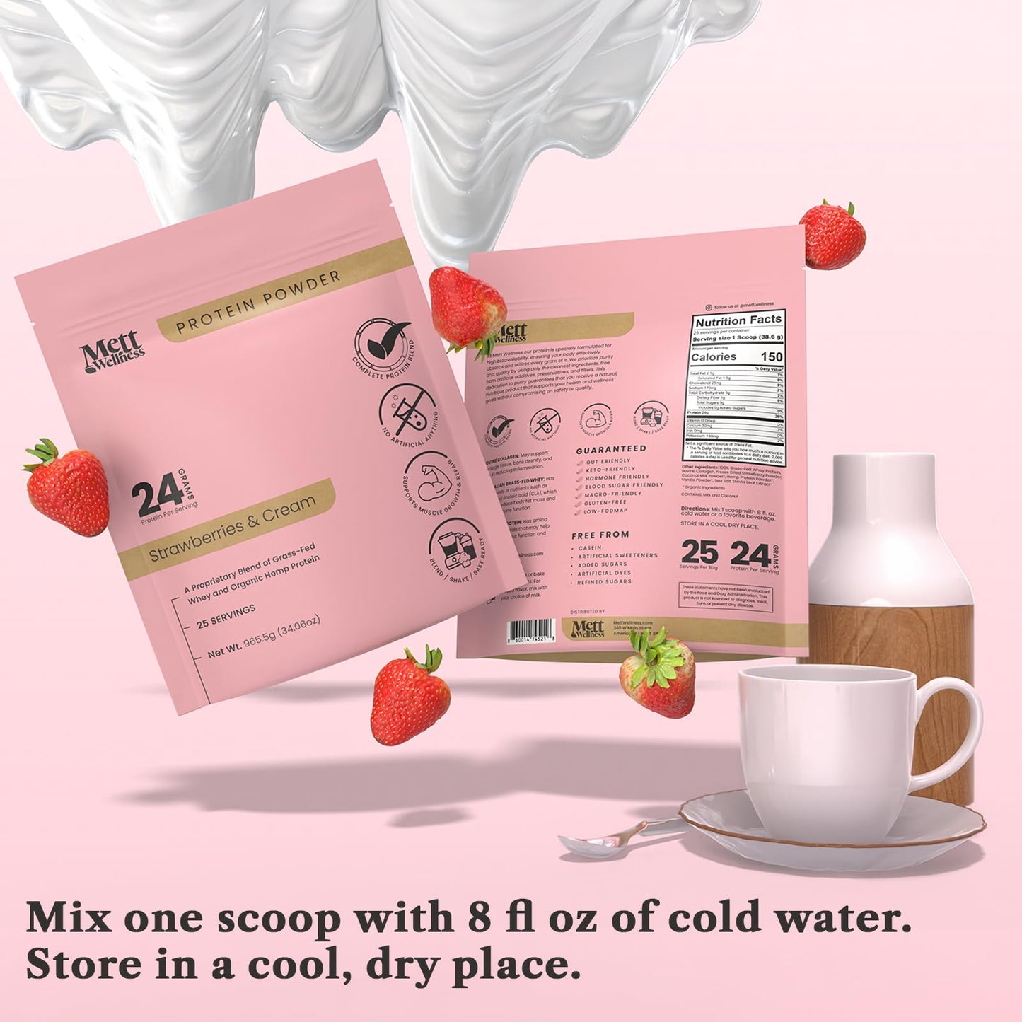 Mett Wellness Strawberries & Cream Grass-Fed Whey + Hemp Heart Protein Powder with Bovine Collagen, 25 Servings