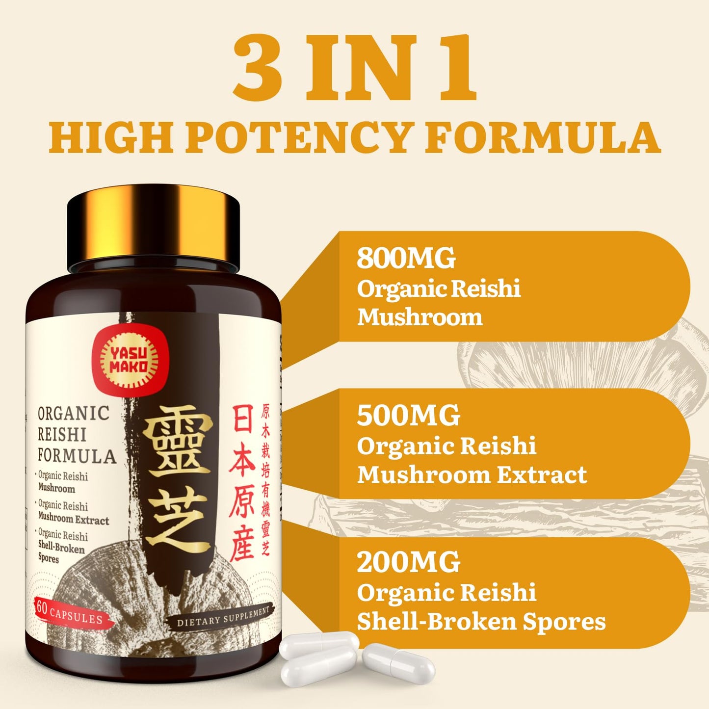 Yasumako Japanese Reishi Mushroom Supplement Capsule 60 Count
