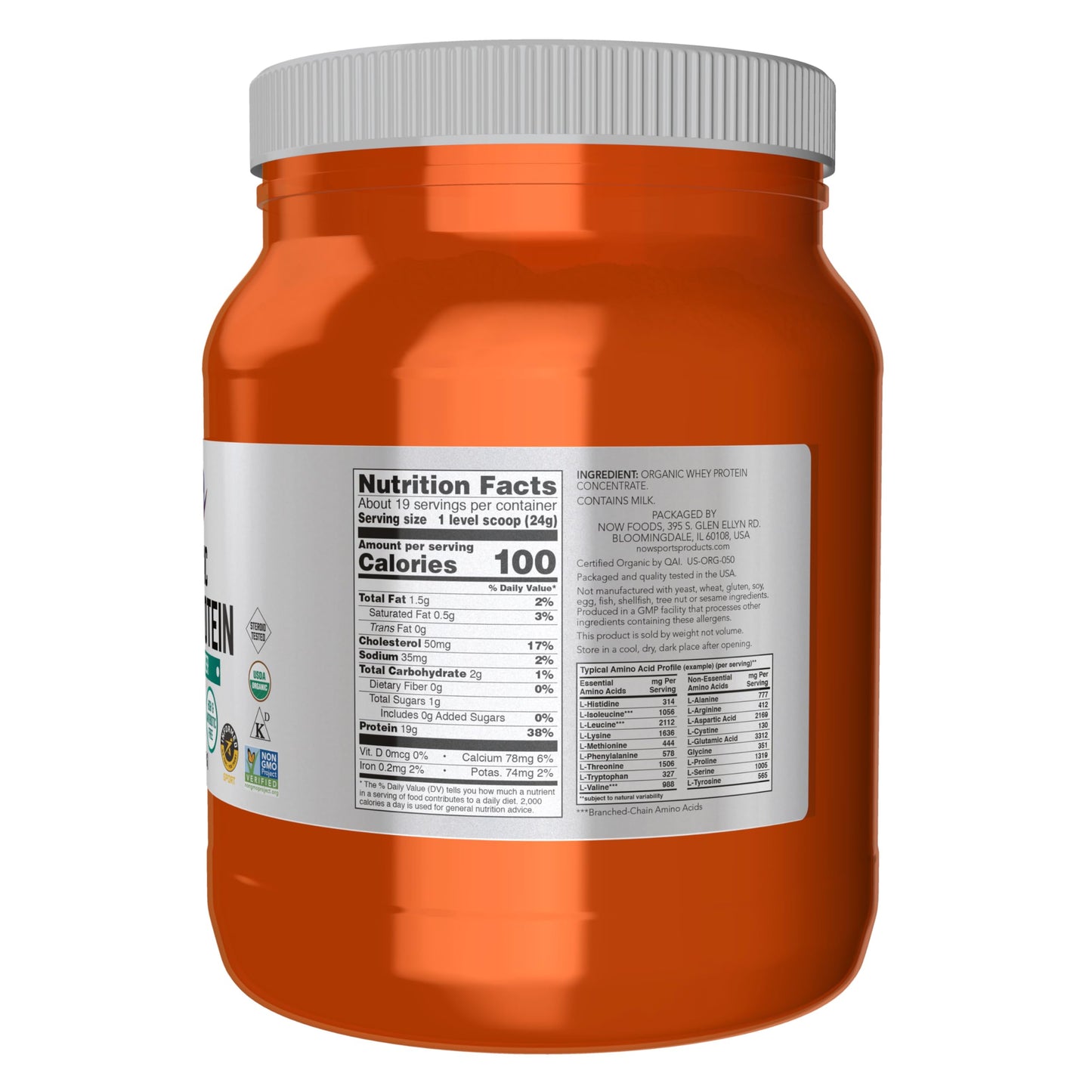 NOW Foods Whey Protein Powder, Certified Organic, Unflavored, 19 g Protein per Serving, 16 Servings