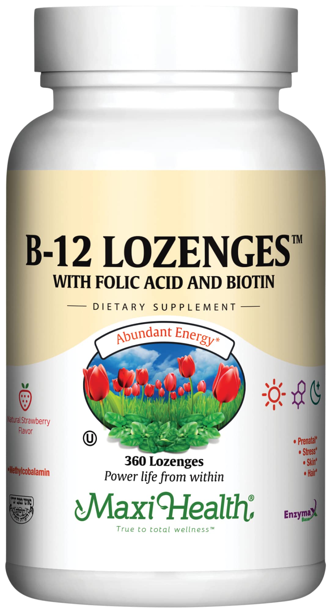 Maxi Health Vitamin B12 Lozenges with Folic Acid and Biotin - Strawberry Flavor - Vegetarian Kosher, 360 Count