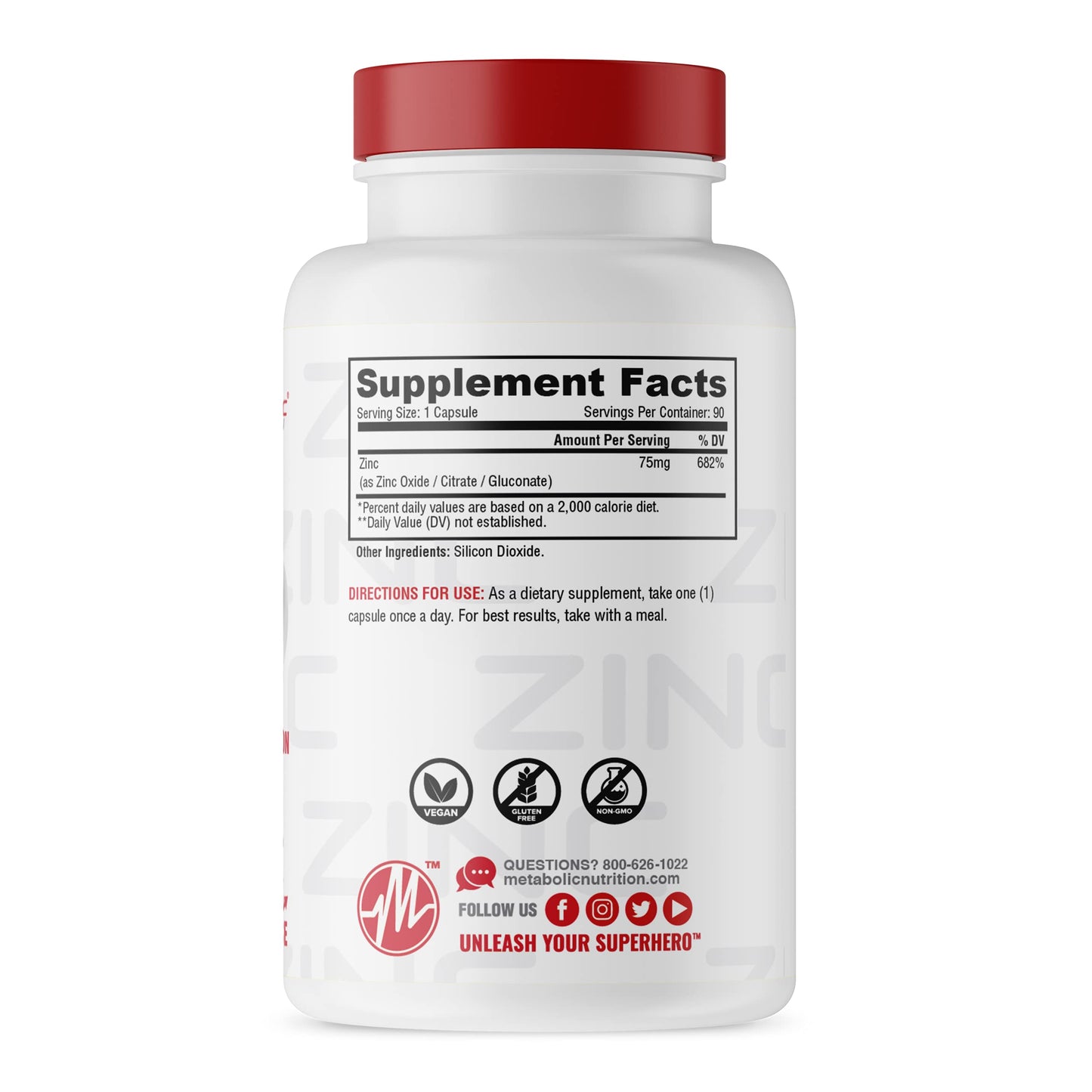 Metabolic Nutrition Zinc Supplement 75mg Capsules, 90 Count
