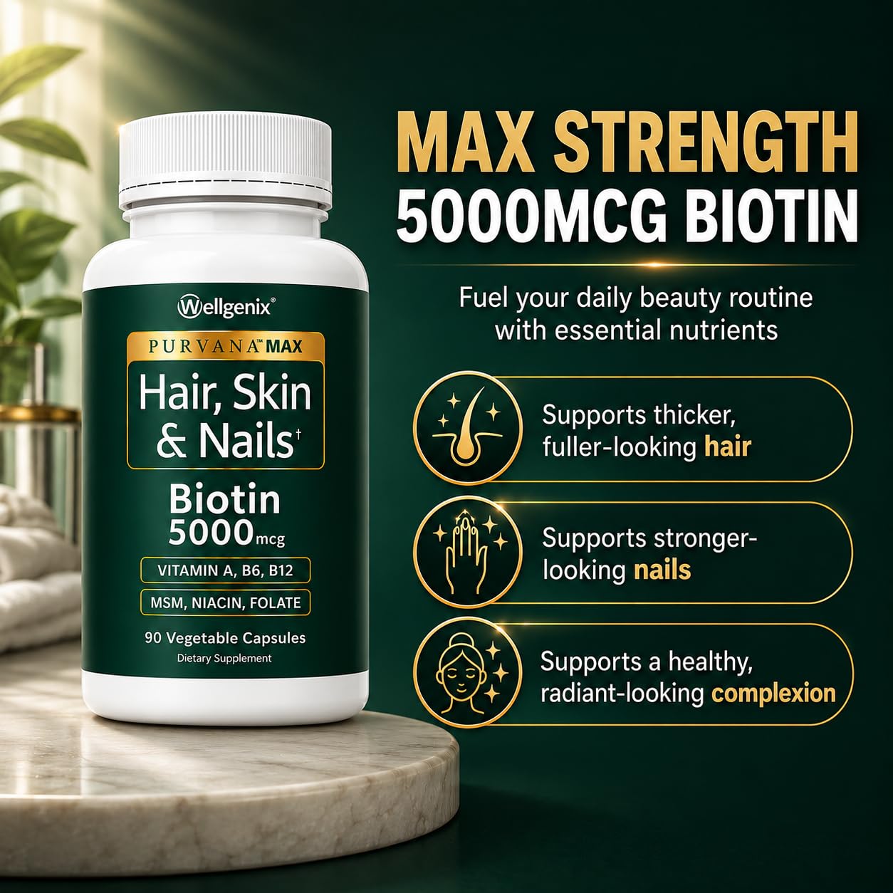 Wellgenix Purvana MAX Hair Skin & Nails Vitamins Biotin 5000mcg Capsule, 90 Count