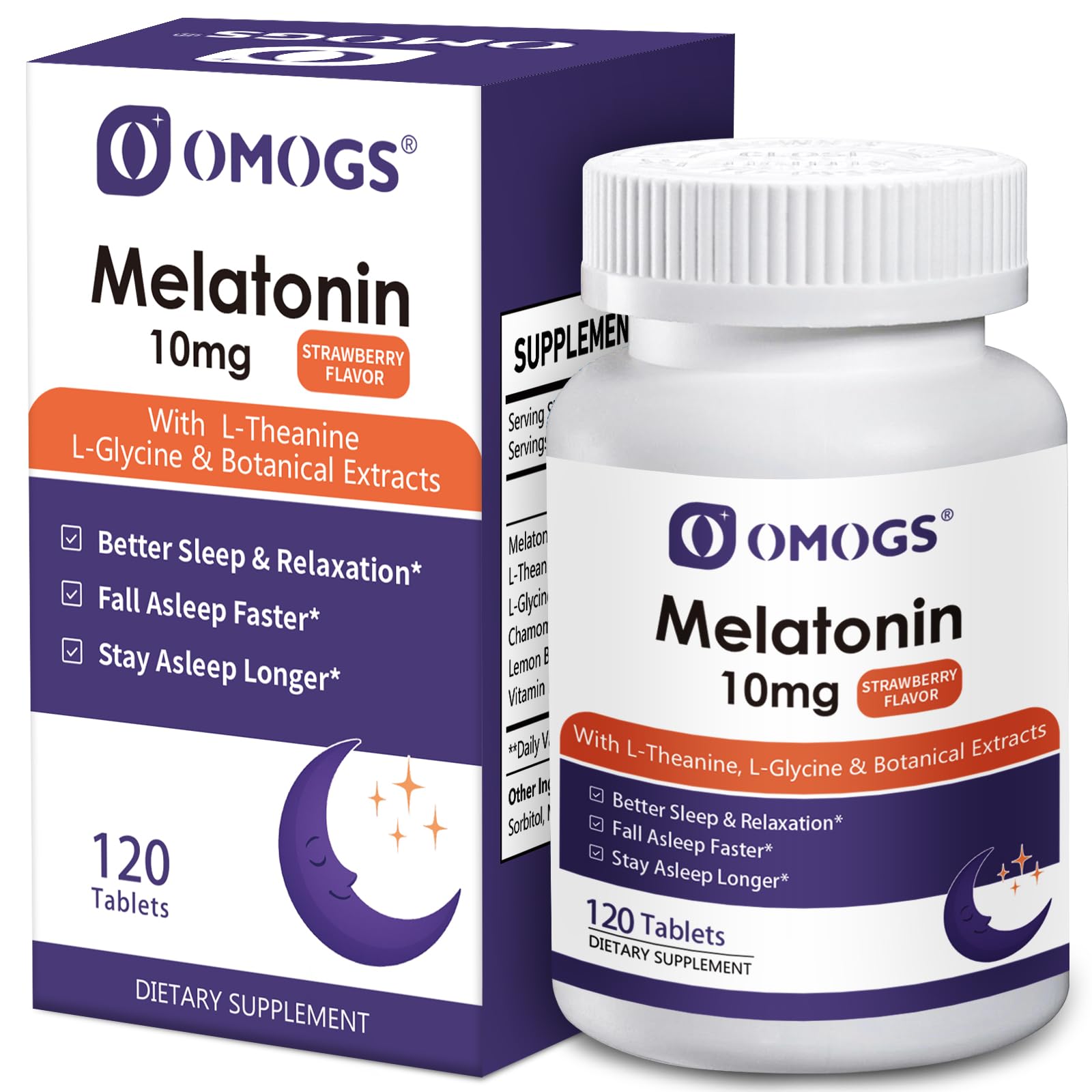 OMOGS Melatonin 10mg Fast Dissolve Tablets with L-Theanine, L-Glycine & Vitamin, Supports Relaxation & Healthy Sleep Cycles, Strawberry Flavor, 90 Tablets