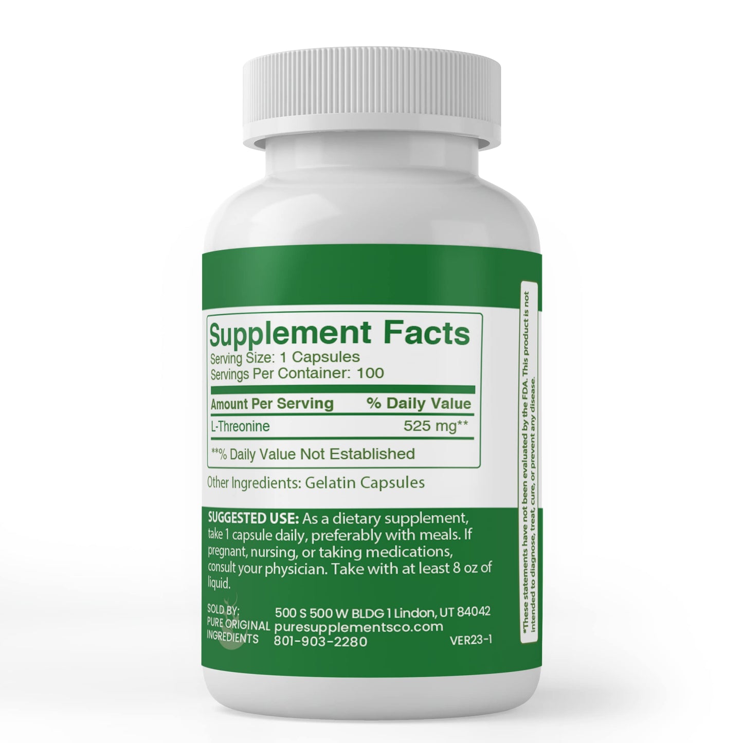 PURE ORIGINAL INGREDIENTS L-Threonine Capsules, 100 Capsules