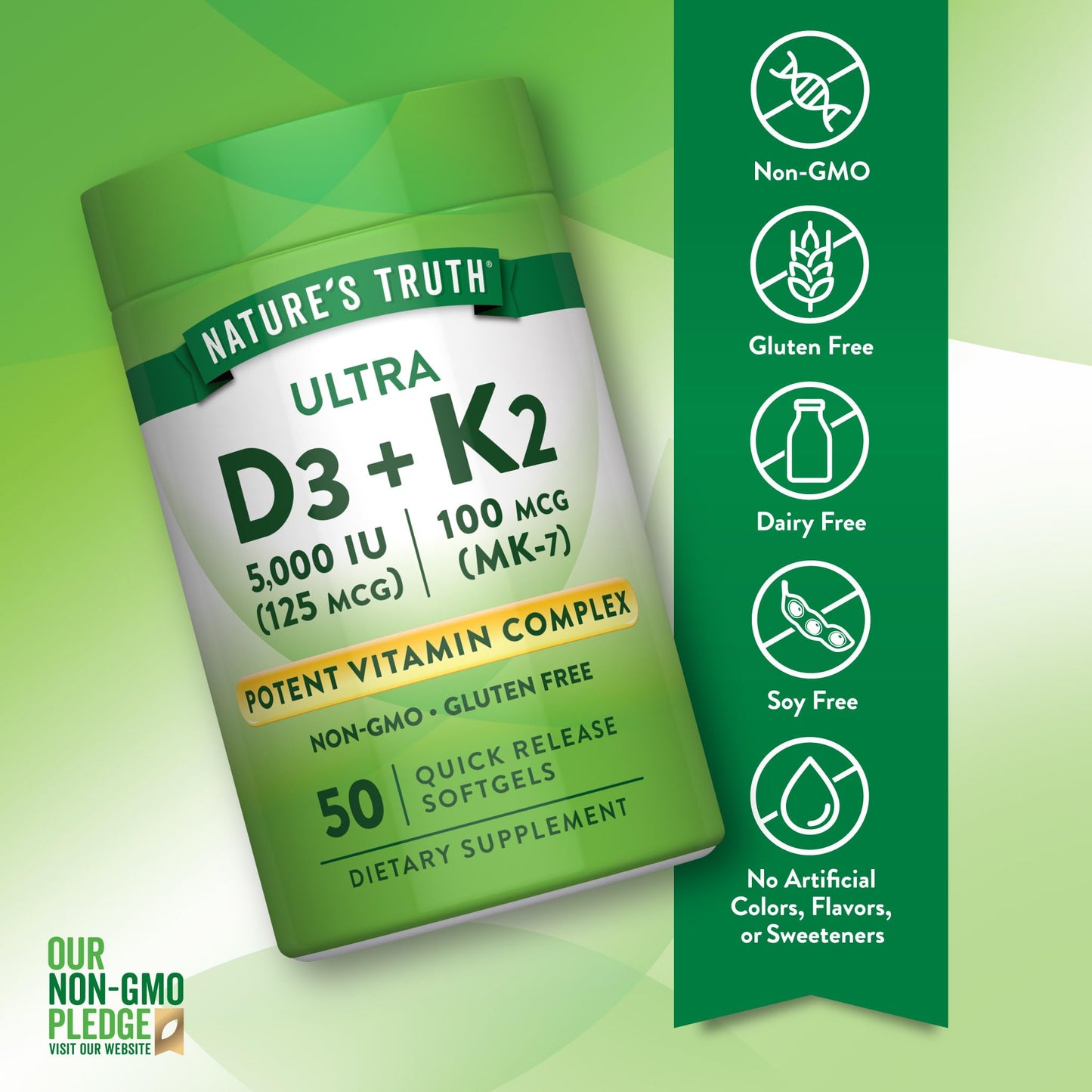 Nature's Truth Vitamin K2 MK7 Complex Softgels 100 mcg, with D3, 50 Count