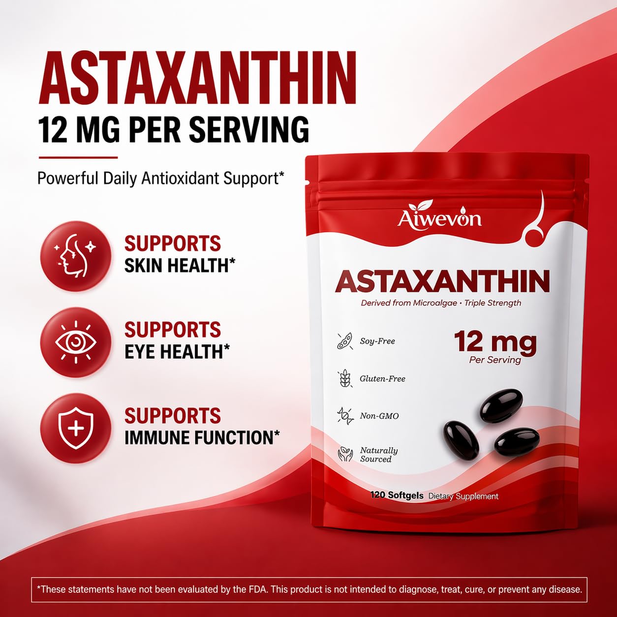 Aiwevon Astaxanthin 12mg Softgels, 120 Softgels