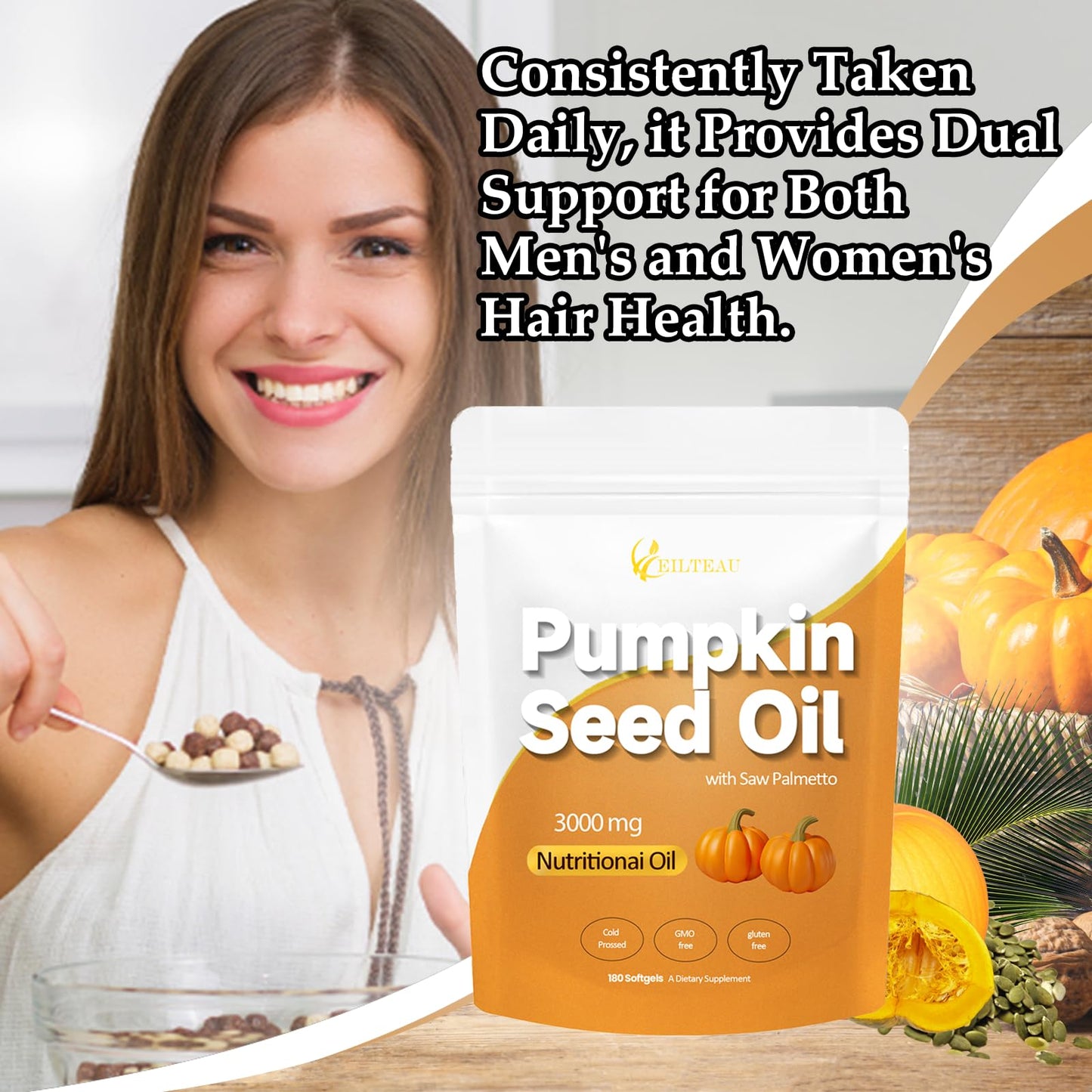 EILTEAU Pumpkin Seed Oil with Saw Palmetto Capsule, 180 Count