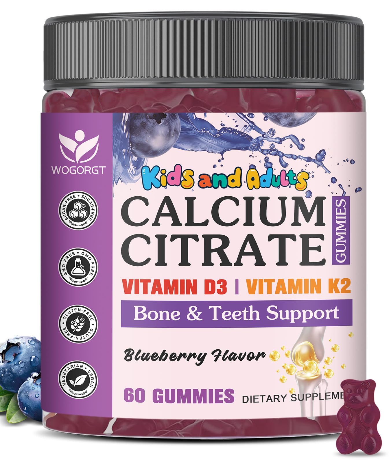 WOGORGT Calcium Citrate Gummies with Vitamin D3, 60 Count