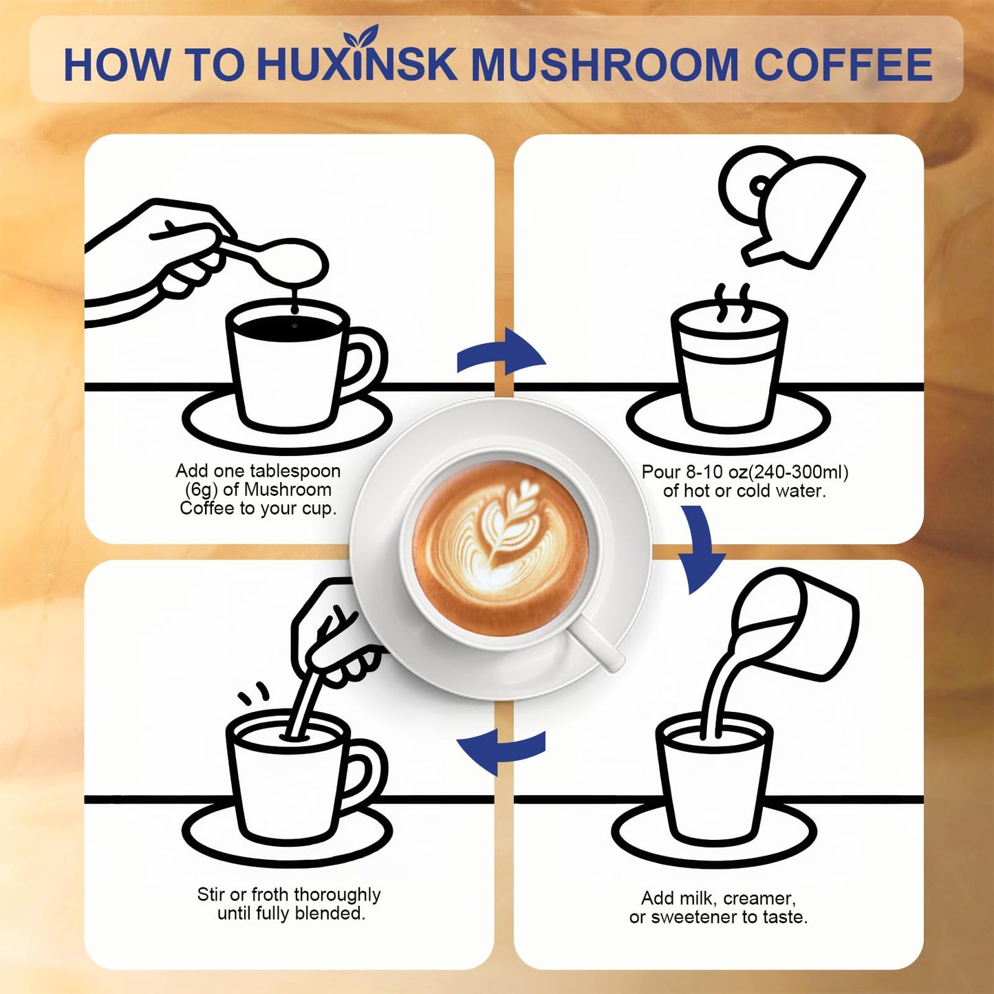 HUXINSK Organic Mushroom Coffee Instant Coffee with Lion’s Mane, Reishi, Cordyceps, Collagen, β-Glucan (Prebiotic) Powder 6.35 oz