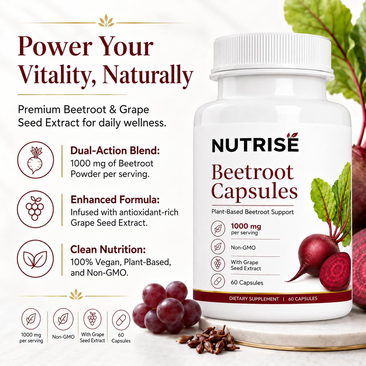 Vitalleap NUTRISE Beetroot Capsules with Grape Seed Extract, 60 Capsules
