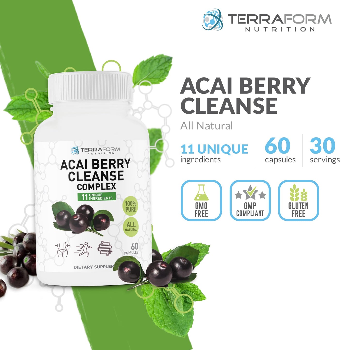TerraForm Nutrition Natural Acai Berry Cleanse Capsules, 60 Count