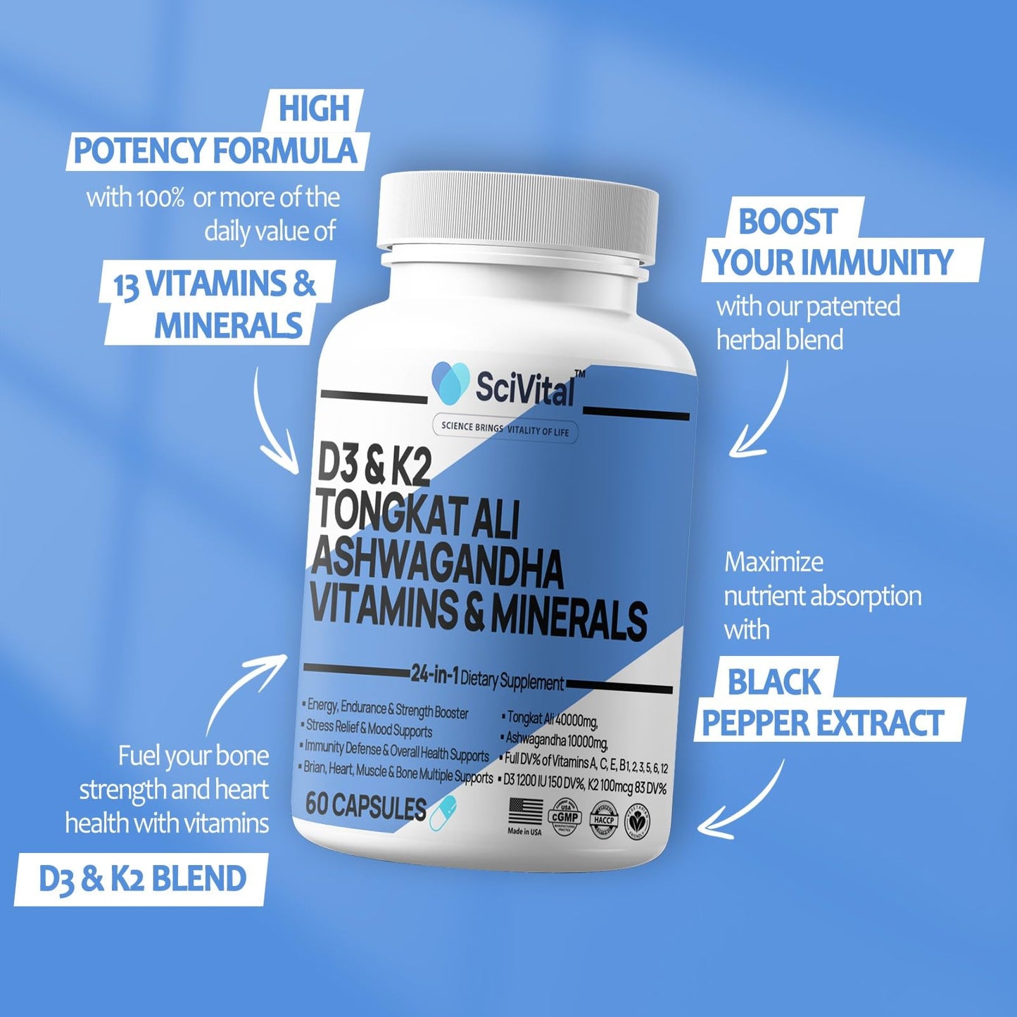SciVital Ashwagandha Extract 200mg 20:1 & Tongkat Ali Extract 200mg 50:1 60 Capsules