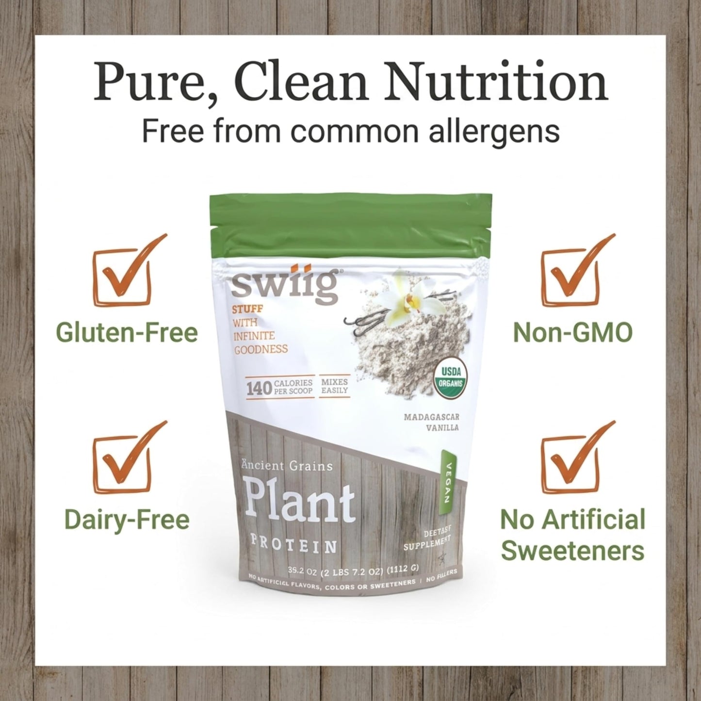 swiig Organic Plant Protein Powder – Vegan Plant Based Protein, Ancient Grains Protein Blend, Vanilla, 2.7 lb