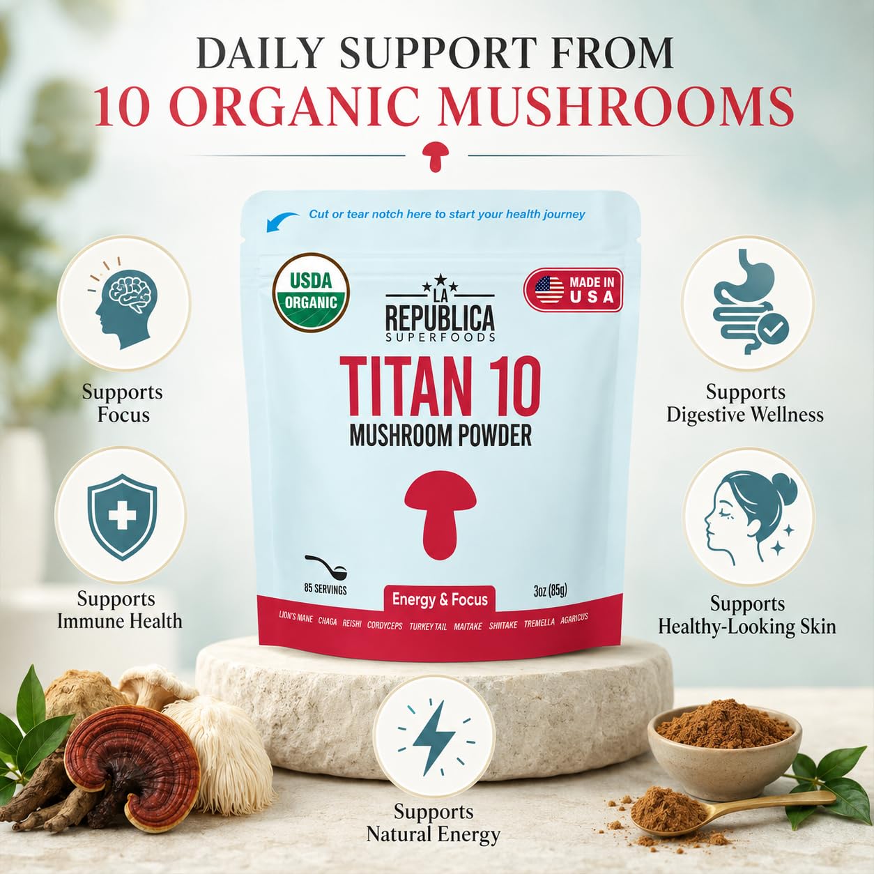LRLA SUPERFOODS La Republica Titan10 Organic Mushroom Powder, 3 oz