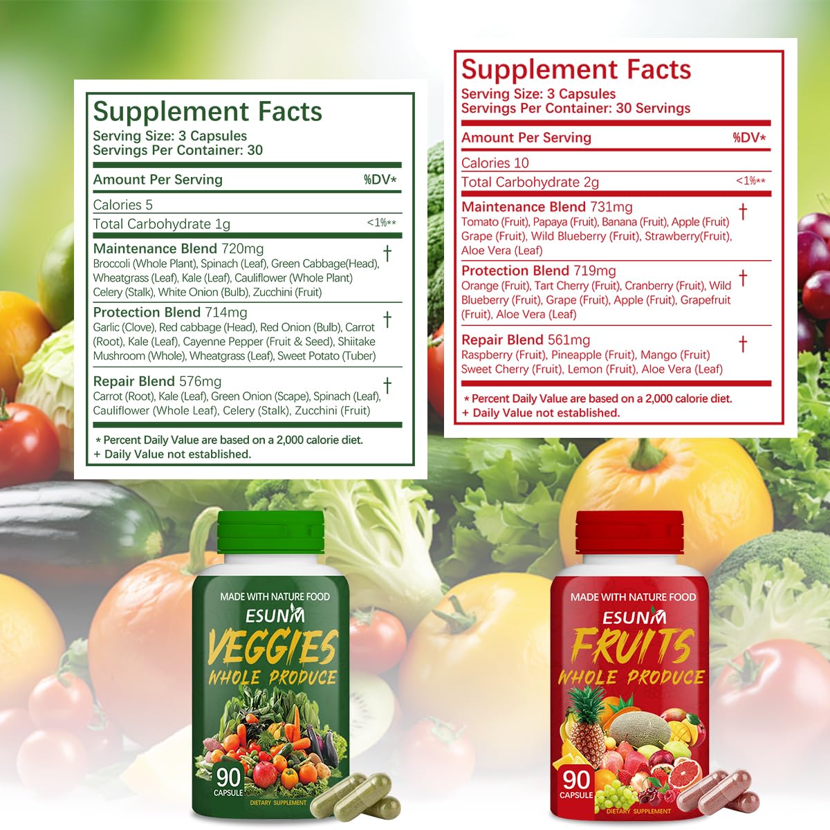 ESUNM Fruits and Veggies Supplement Capsules, 180 Count