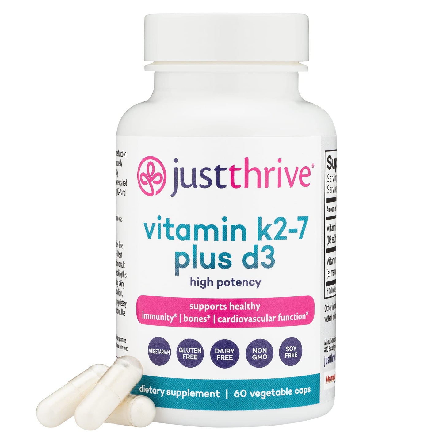 Just Thrive Vitamin K2-7 Plus D3 Capsules, 60 Count