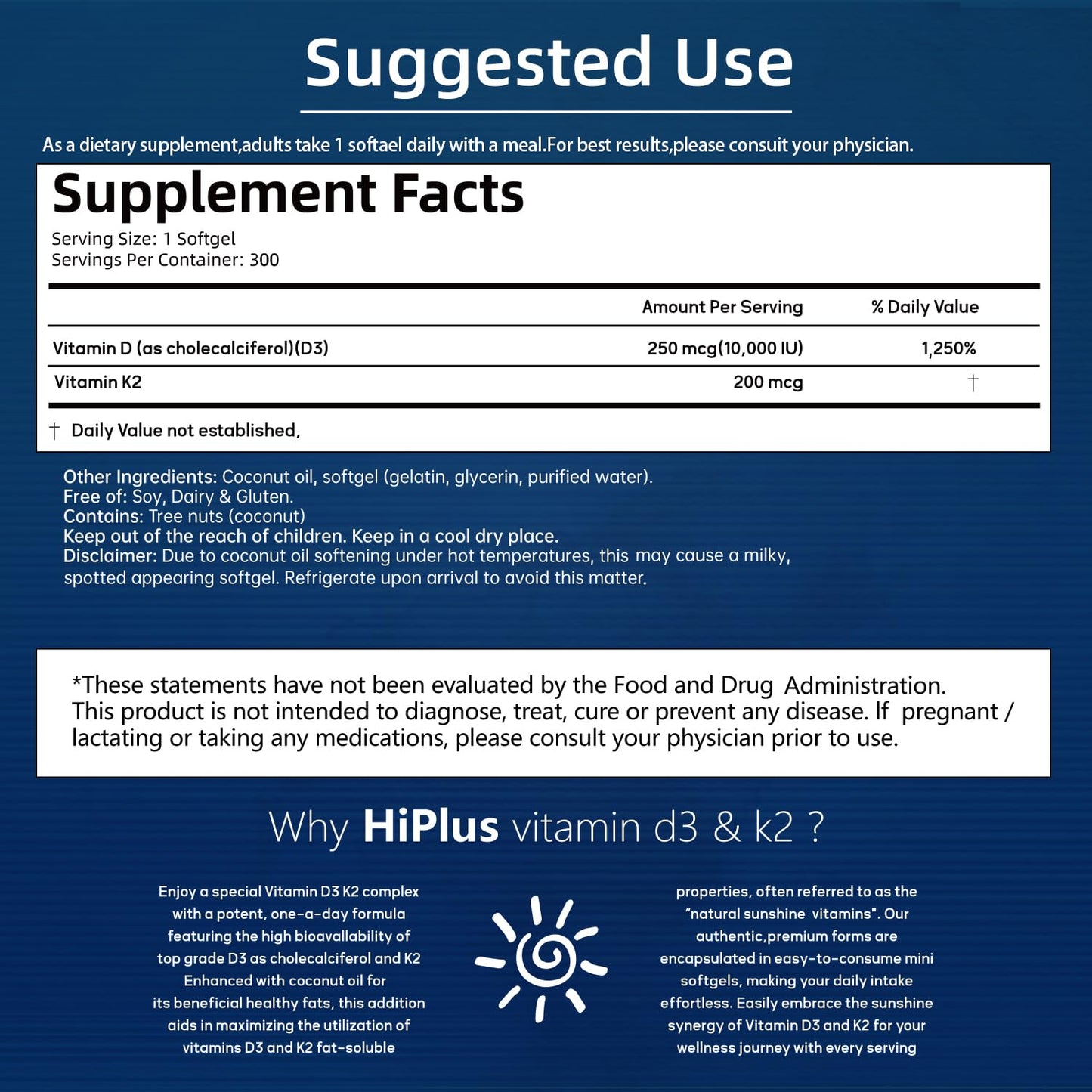 HiPlus Vitamin D3 10,000 IU + K2 200 mcg Capsule 300 Count