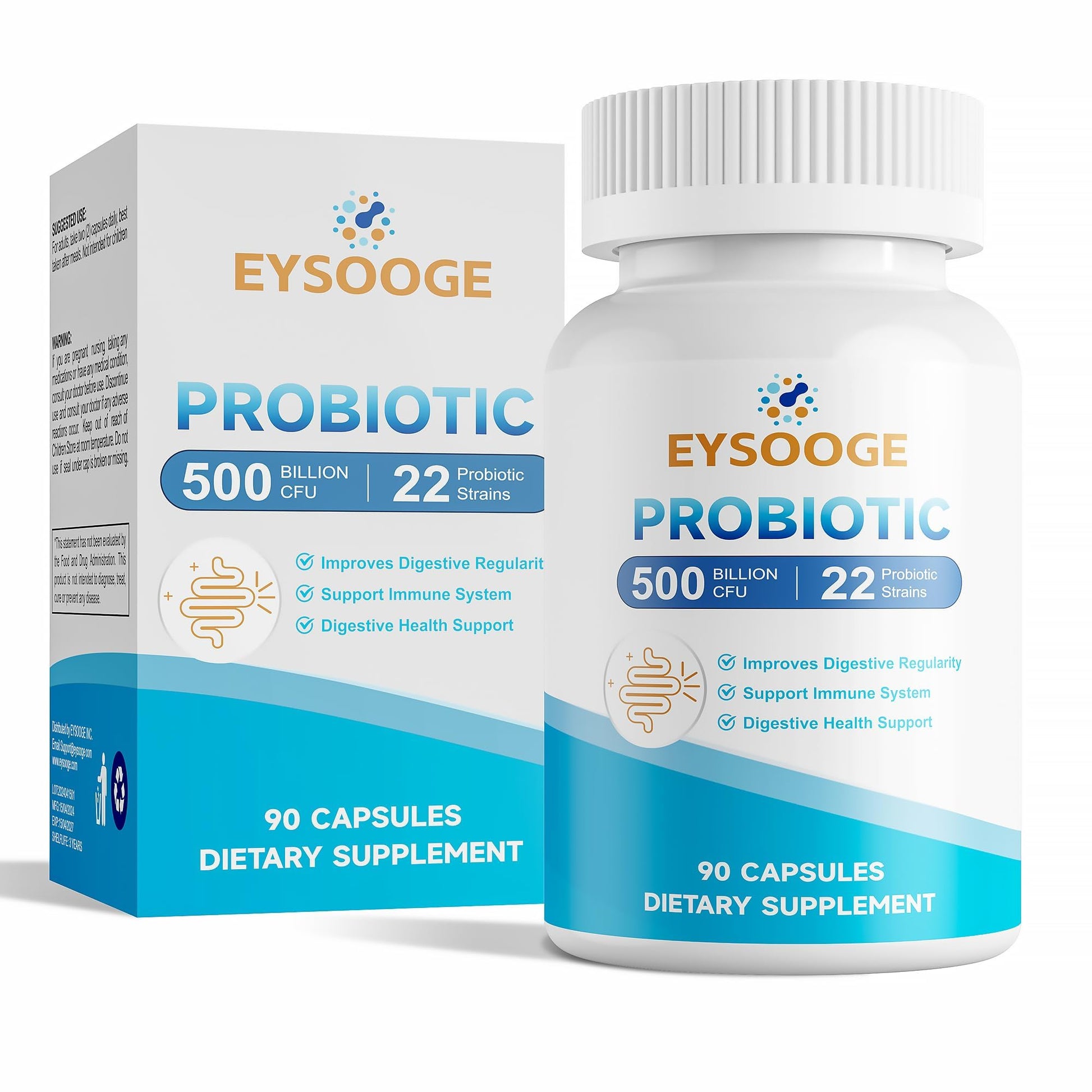 EYSOOGE Probiotics for Women and Men, 500 Billion CFU, 22 Strains + Organic Prebiotics, Daily Probiotics for Digestive, Immune, & Gut Health, 90 Capsules