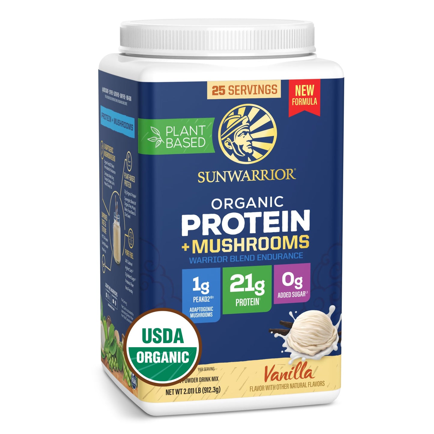 Sunwarrior Organic Protein Powder Warrior Blend + Mushroom Vanilla, 12.8 Ounce