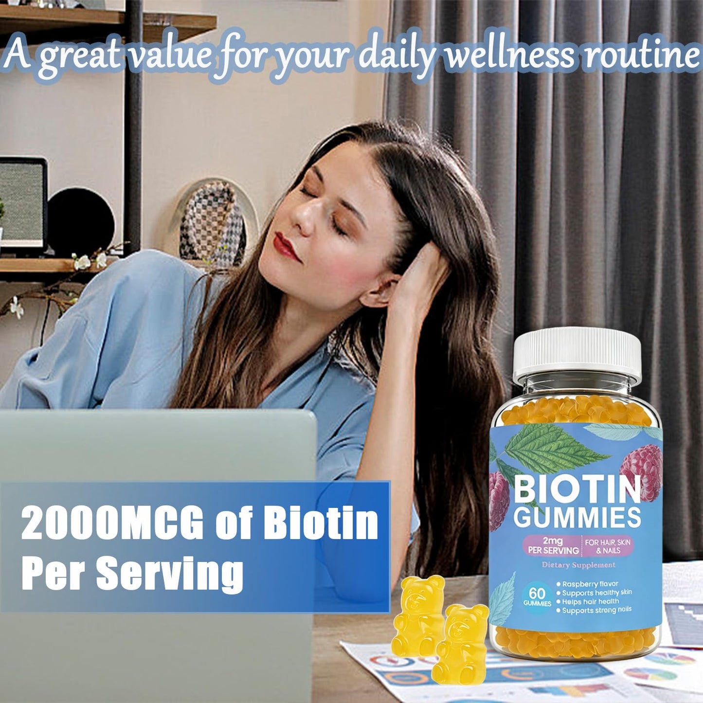 Dyeazirn Hair Growth Gummies with Biotin 2000mcg, Hair, Skin & Nails Vitamins, 60 Count
