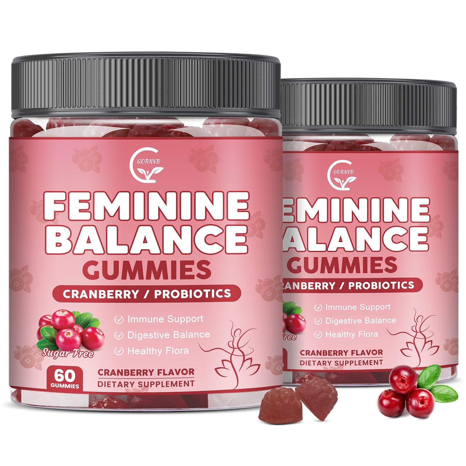 GORNVB Premium Feminine Balance Gummies for Women, pH Balance & Vaginal Probiotics Support with Cranberry Pineapple Powder & D-Mannose, Sugar Free, Gluten Free, Vegan, 120 Gummies