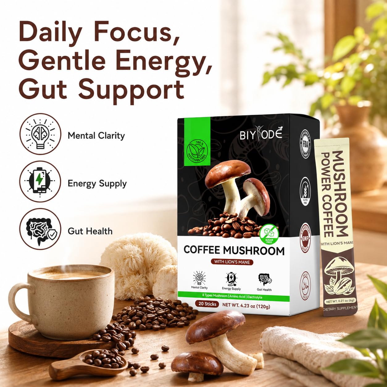 BIYODE Mushroom Coffee Instant Powder Sticks 4.23 oz