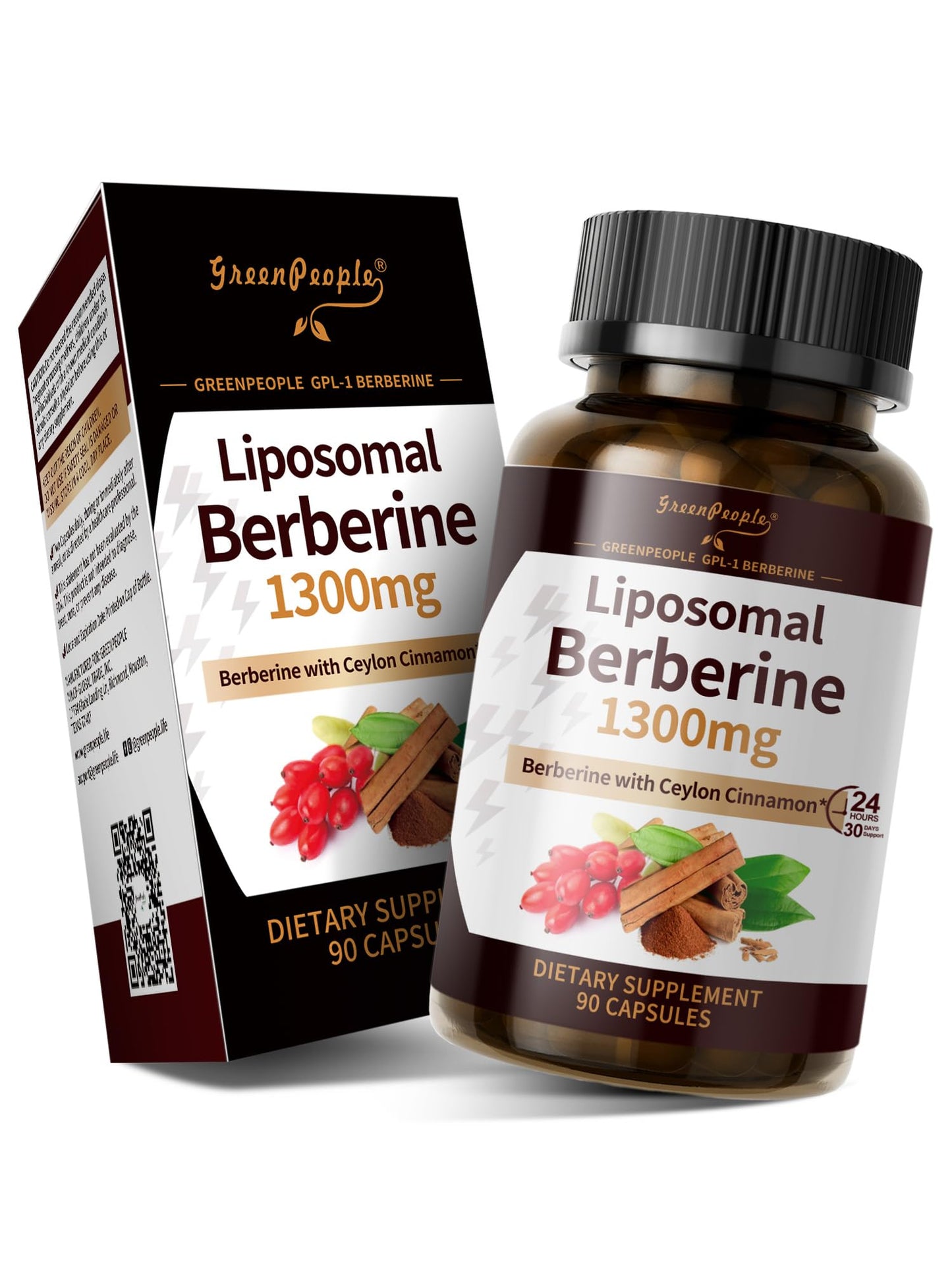 GREENPEOPLE Liposomal Berberine HCl 1300mg with Ceylon Cinnamon, 90 Capsules