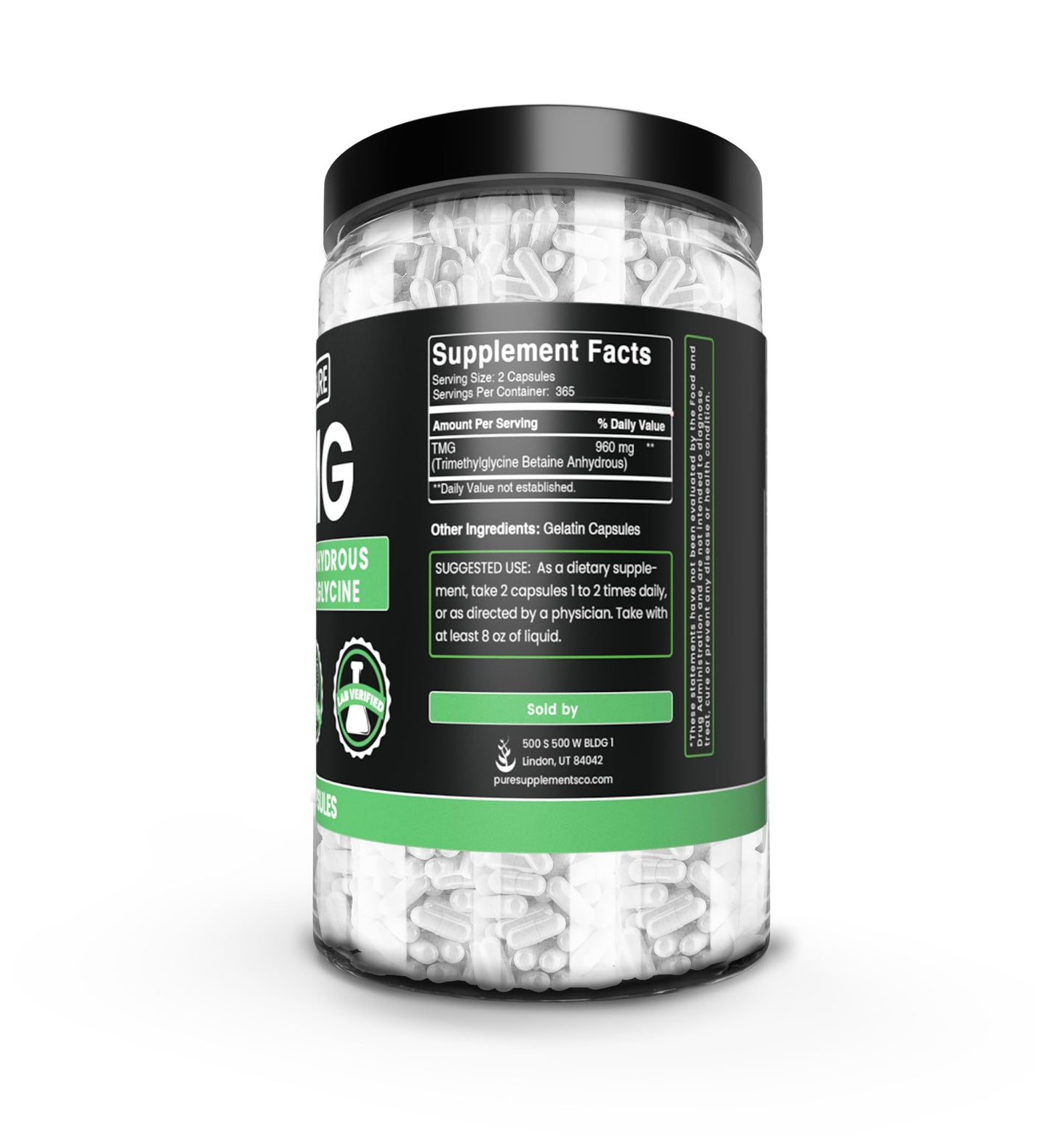 Pure Organic Ingredients TMG Trimethylglycine Betaine Anhydrous, 730 Capsules