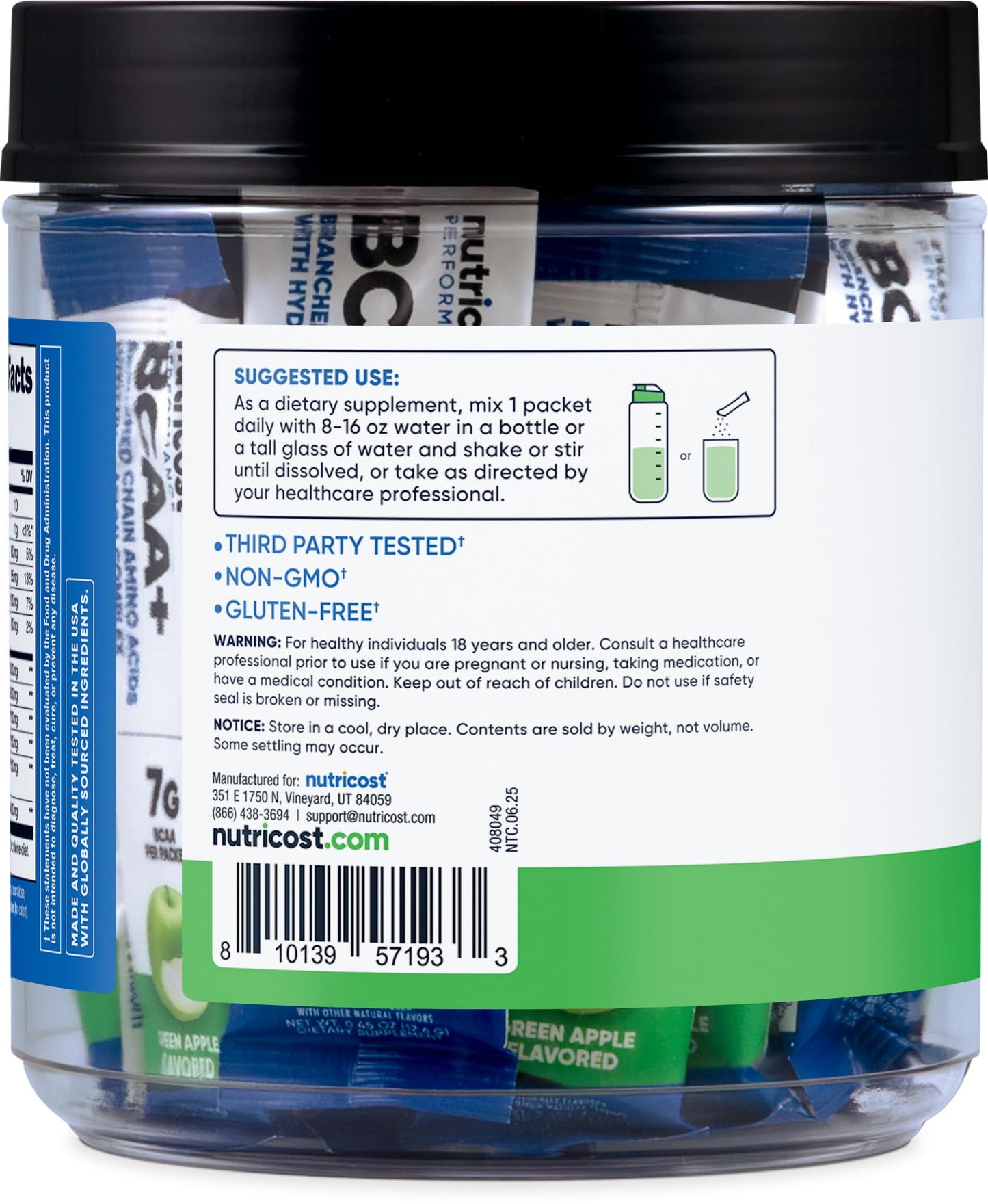 Nutricost BCAA+ Hydration Green Apple Flavored Powder - 18 Count