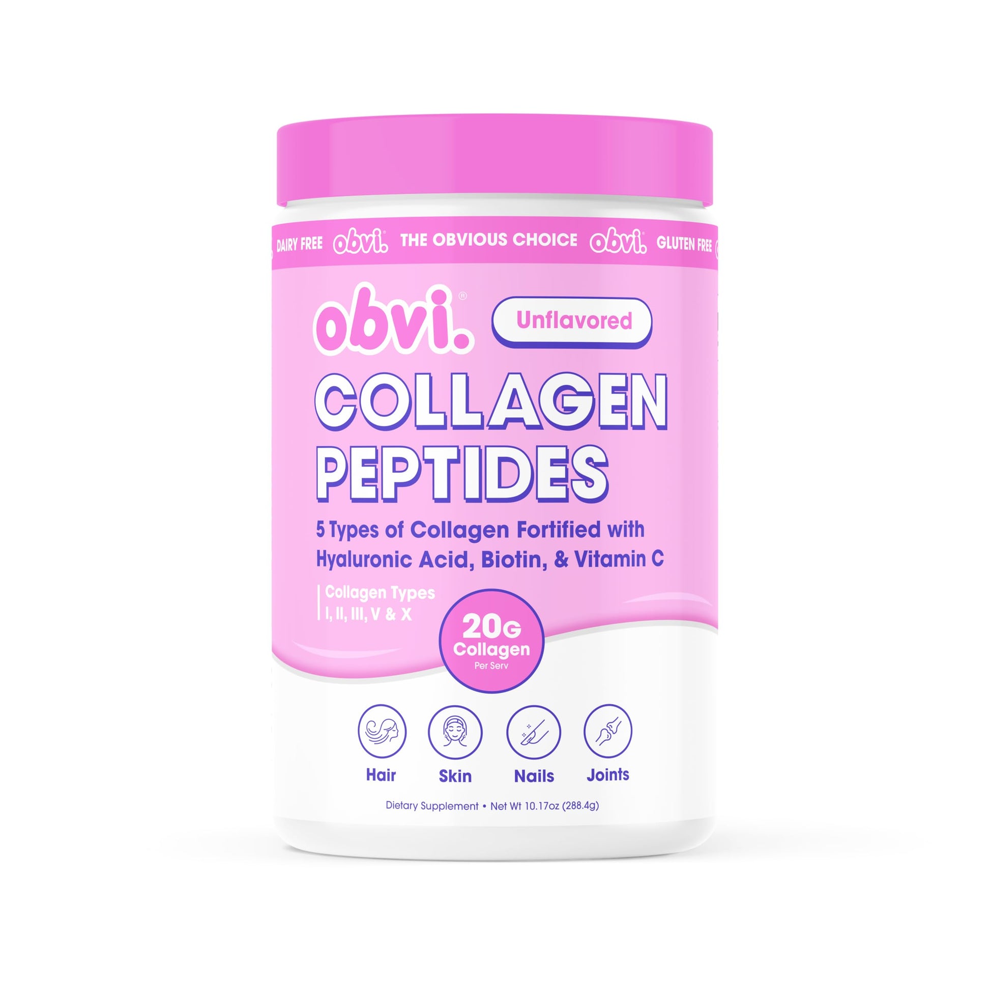 Obvi Multi Collagen Peptides & Hyaluronic Acid & Vitamin C Powder, Hydrolyzed Bovine Collagen, 10.17 oz