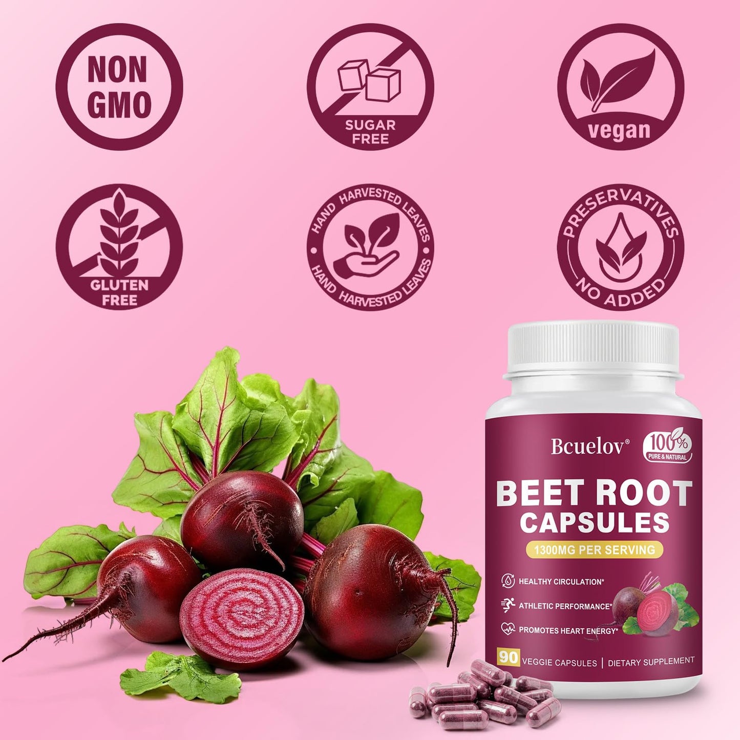 Bcuelov Beet Root Capsules 1300mg Pure Beetroot Powder - 90 Capsules