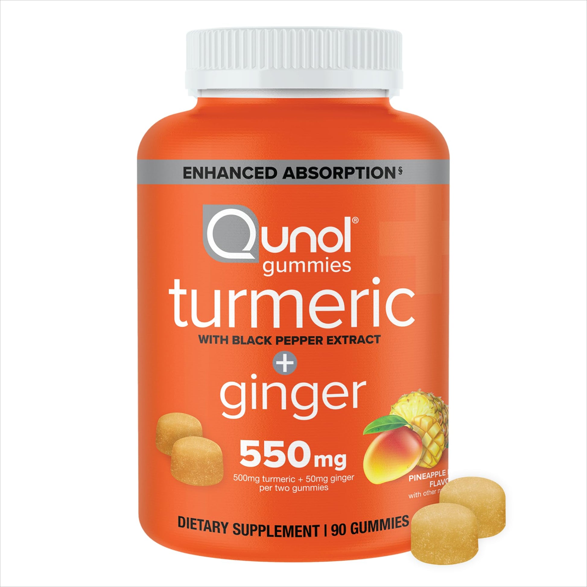 Qunol Turmeric and Ginger with Black Pepper Gummies, Turmeric Curcumin Supplement, Joint Health Support, 90 Gummies