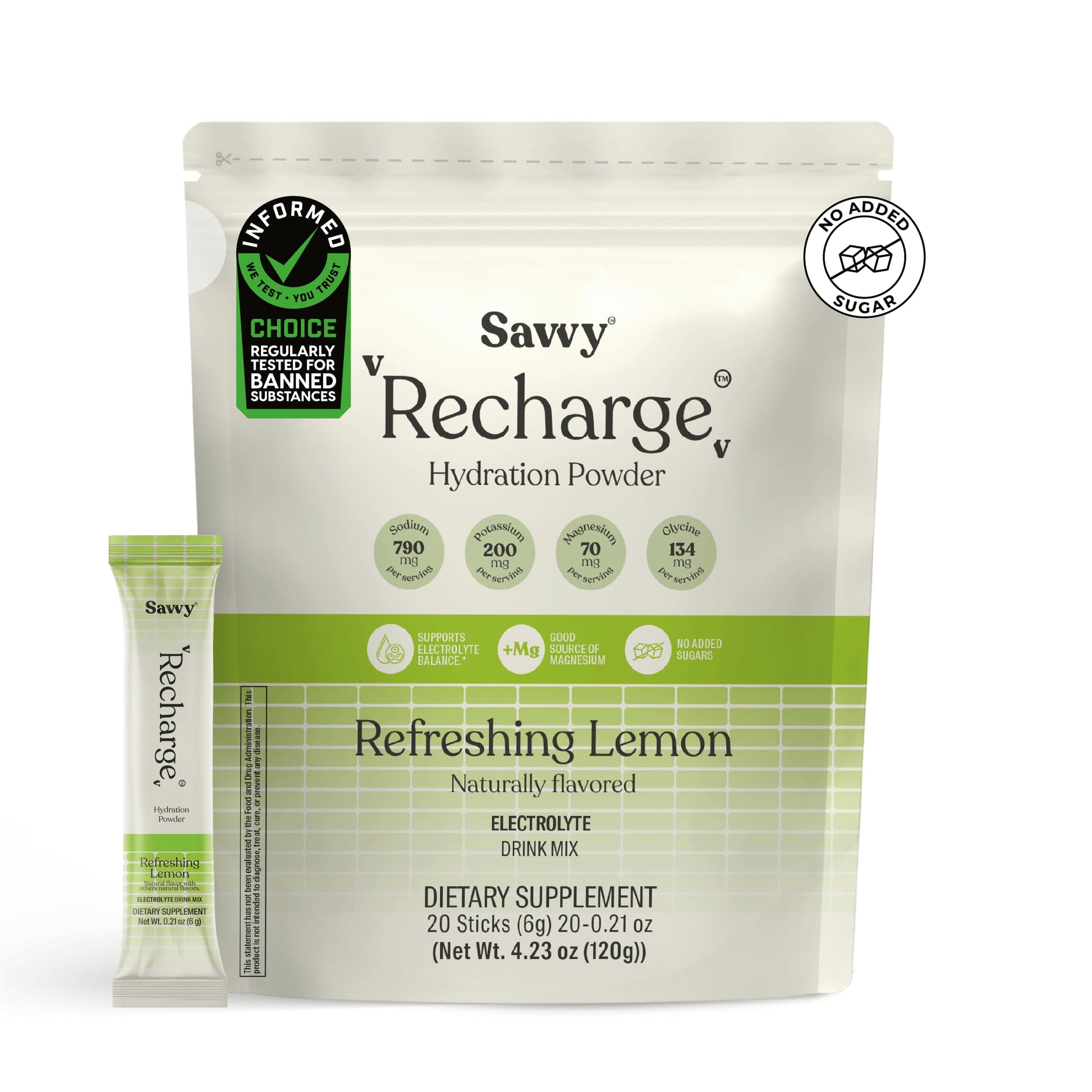 SAVVY Savvy Recharge Electrolyte Powder, Sugar Free Conscious Hydration Drink with Sodium, Magnesium, Potassium & Glycine, Lemon Flavor, 20 Sachets