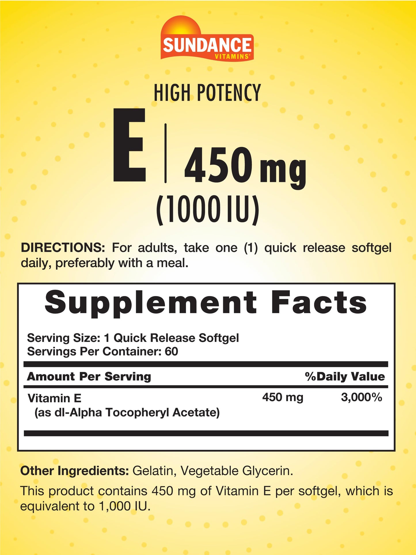 Sundance High Potency Vitamin E 450mg (1000 IU) Softgels, 60 Count