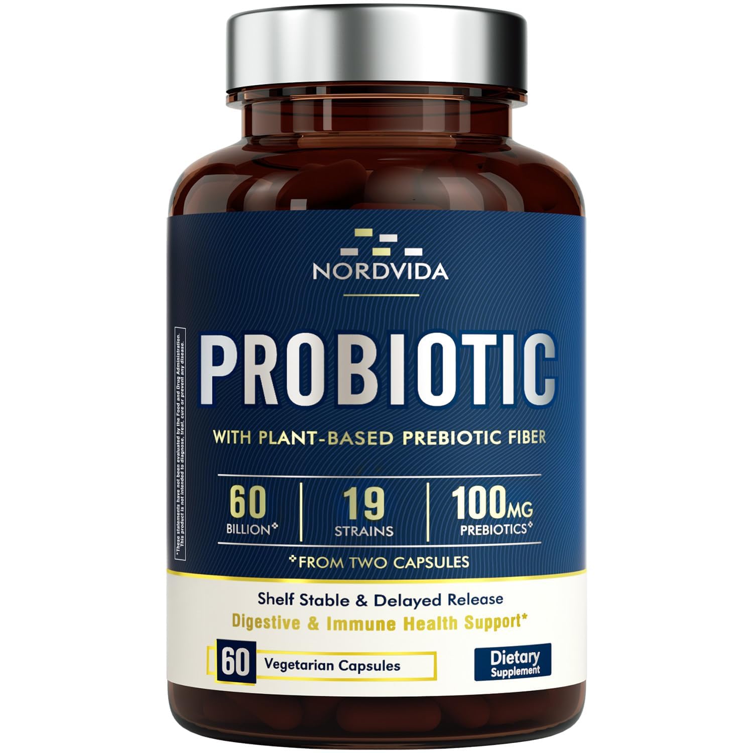 Nordvida Probiotic 60 Billion 19 Strains with Organic Prebiotic for Men & Women, Digestive & Immune Health, Non-GMO, No Dairy, Shelf Stable, Delayed Release Capsule, 60 Vegan Capsules