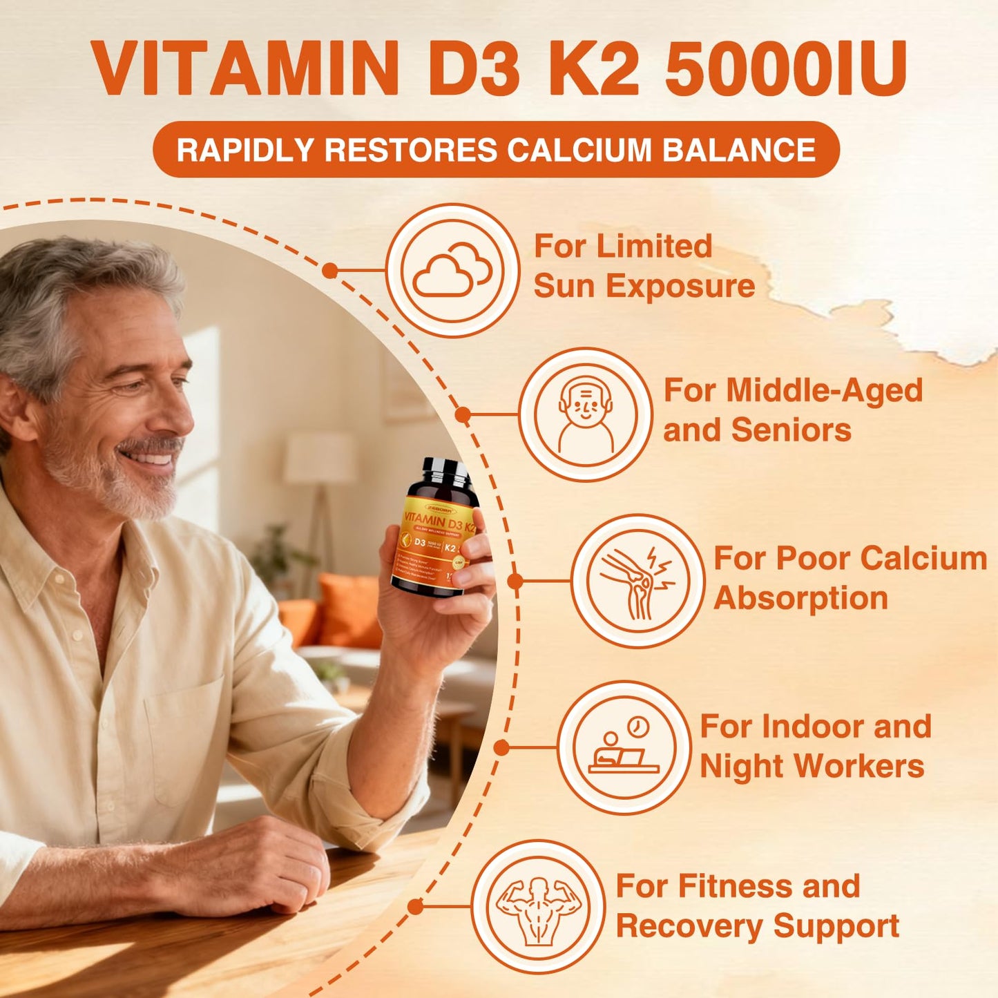 ZEBORA Vitamin D3 K2 5000 IU Supplement, Capsules, 120 Count
