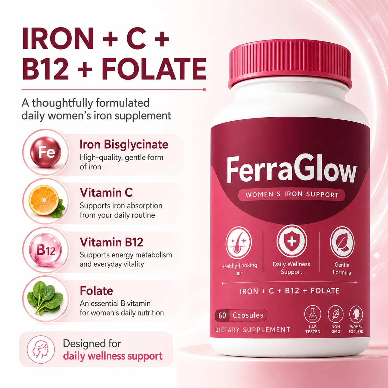 NOVORIC FerraGlow Iron Support Capsules with Iron Bisglycinate Lactoferrin Vitamin C B12 and Gentle Absorption Formula for Women Daily Wellness Hair Energy Support, 60 Count