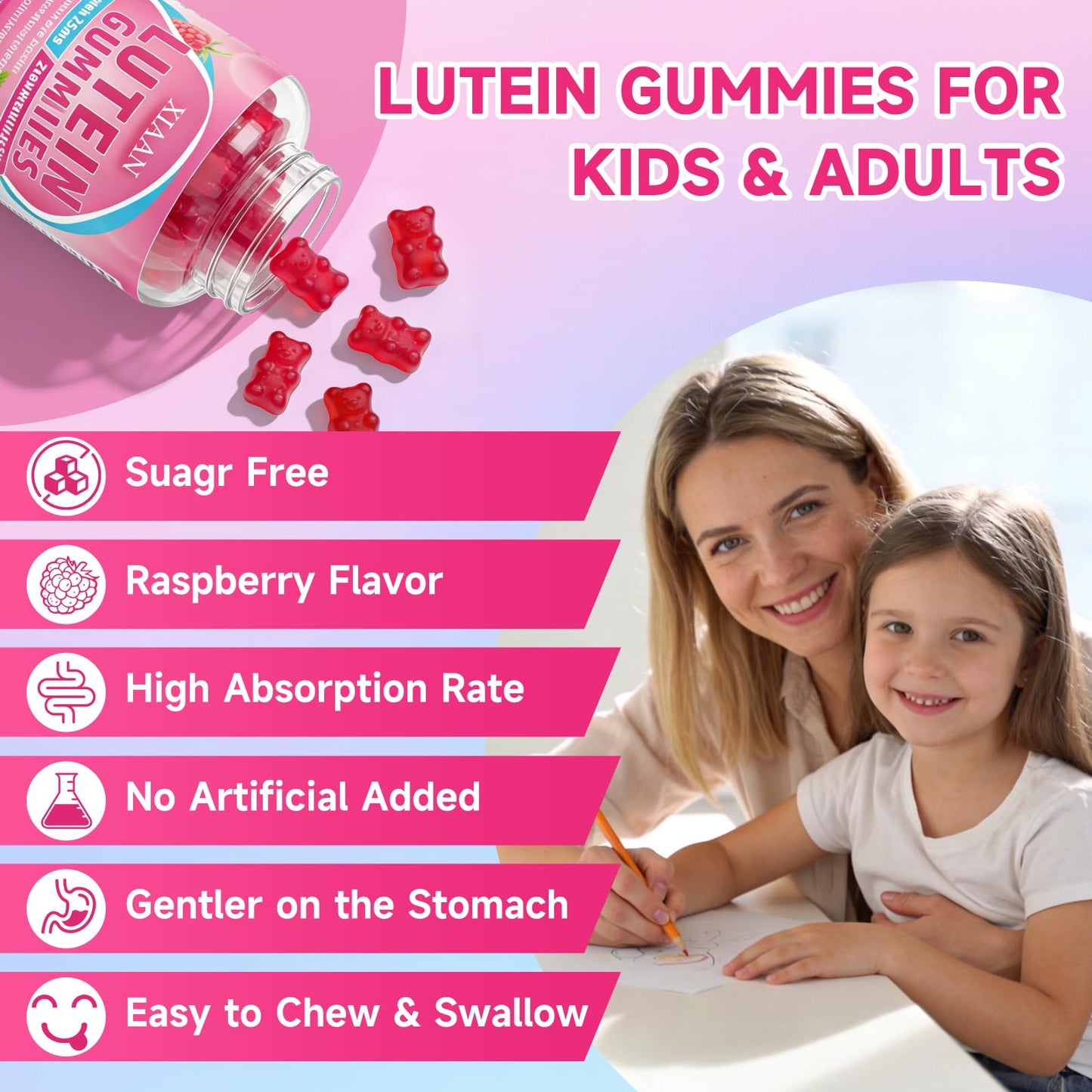 XIAAN Lutein and Zeaxanthin Gummies with Zeaxanthin, Vitamins A, C, E, Bilberry, Astaxanthin for Vision Health - Raspberry Flavor, Sugar-Free/Vegan - 120 Gummies
