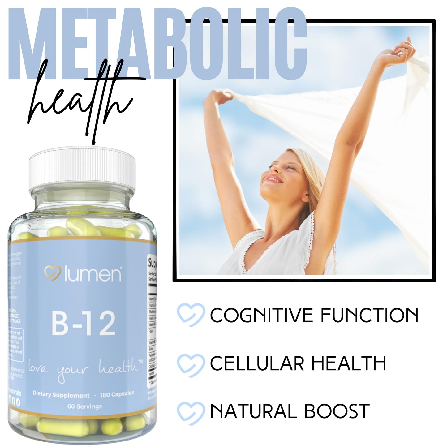 Lumen Naturals B-12 Complex for Women 3000mcg Per Serving with Vitamin C & Biotin Capsules, 180 Count