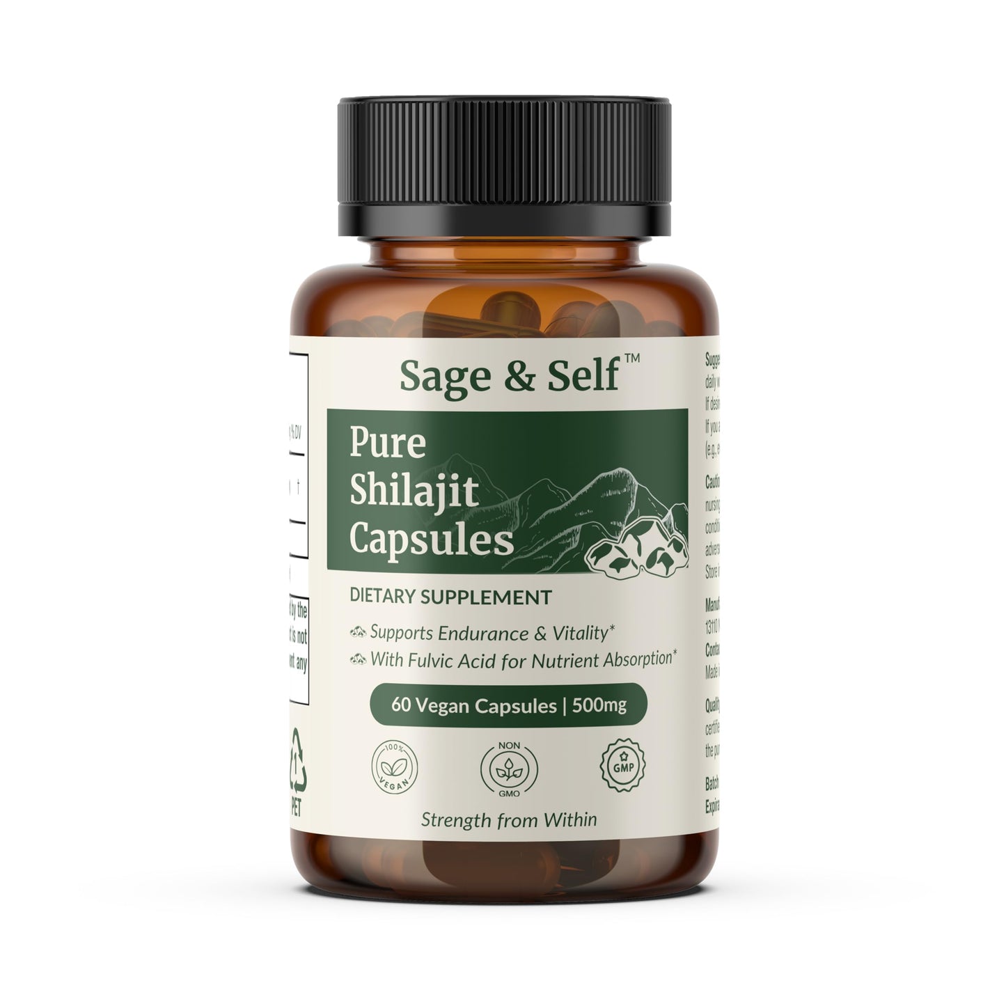 Sage & Self Pure Shilajit Capsules – Purified Shilajit Extract (40% Fulvic Acid) – 500 mg Per Capsule – Vegan Herbal Supplement, 60 Capsules