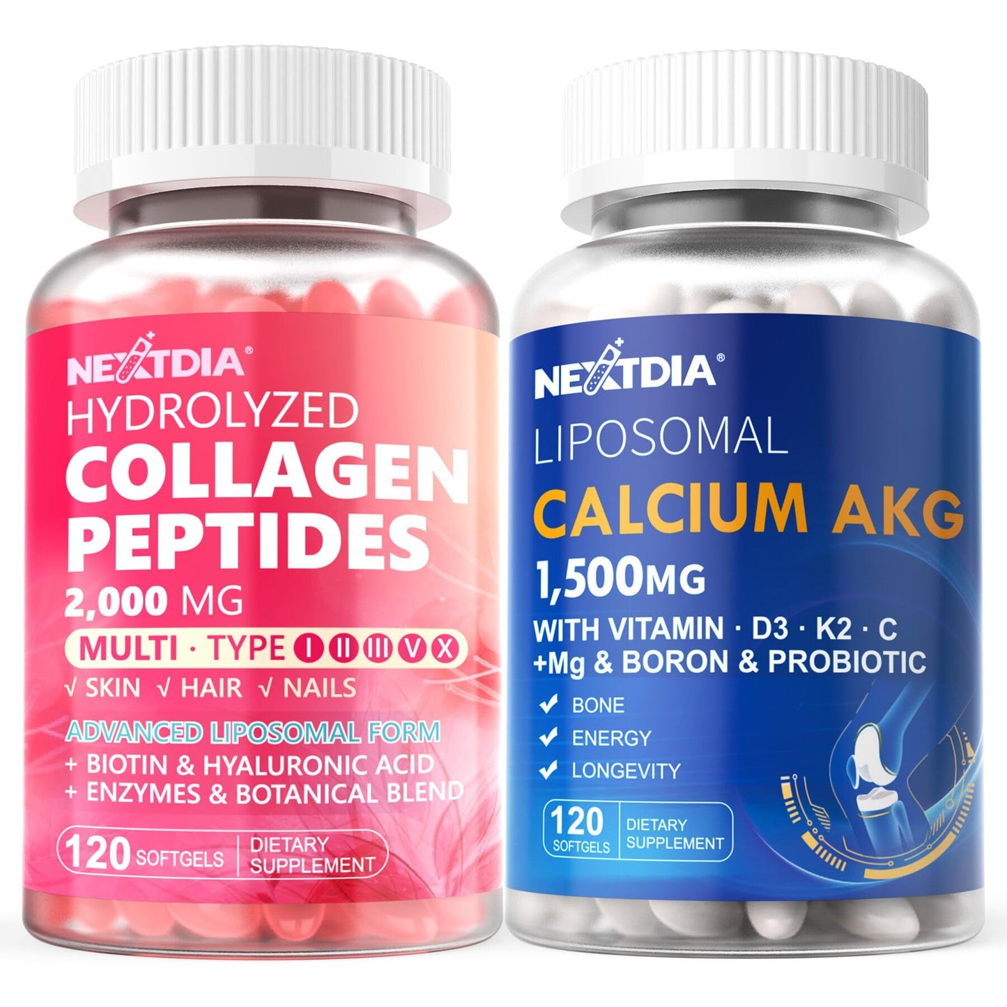 Nextdia Hydrolyzed Collagen Peptides with Liposomal Calcium AKG Softgels 1500mg, 240 Softgels