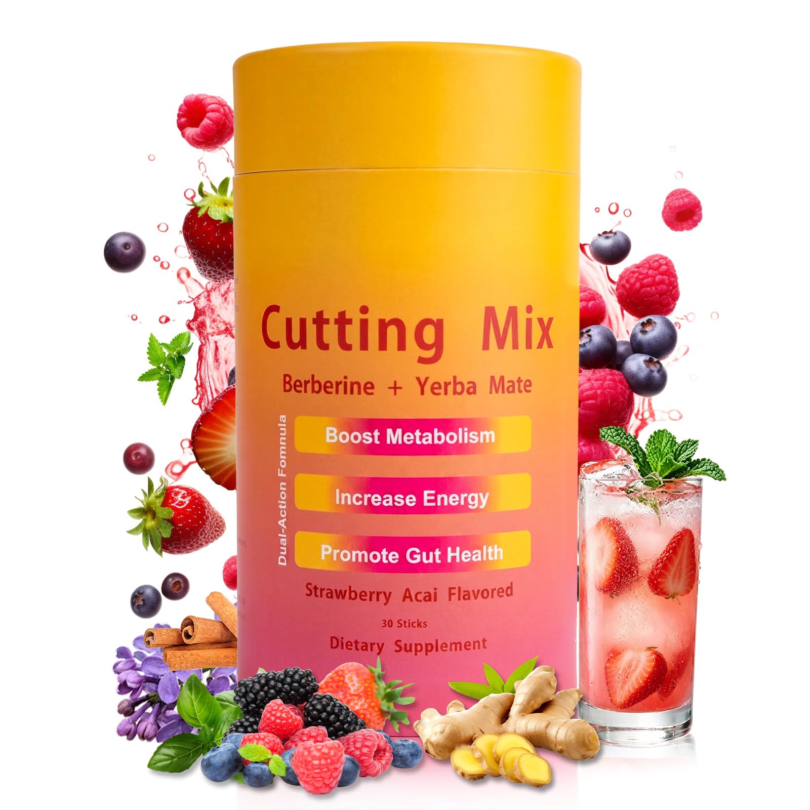 BOYAO Cutting Mix Fat Shaping Powder with 5-HTP (5-Hydroxytryptophan), Yerba Mate & Berberine, Daily Energy & Metabolism Support, Strawberry Acai Flavor, 30