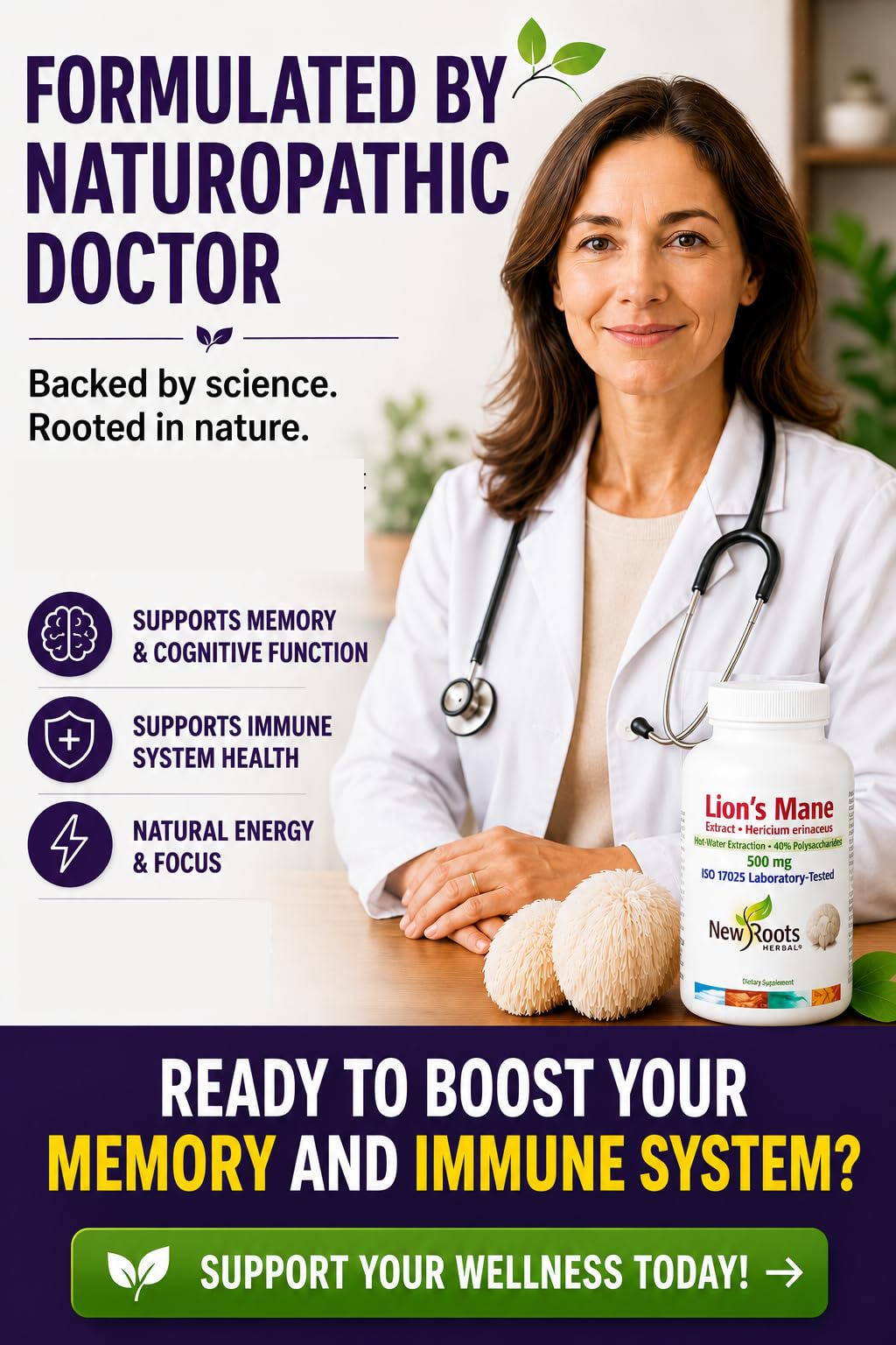 NEW ROOTS HERBAL Lions Mane Supplement Capsules, 60 Caps