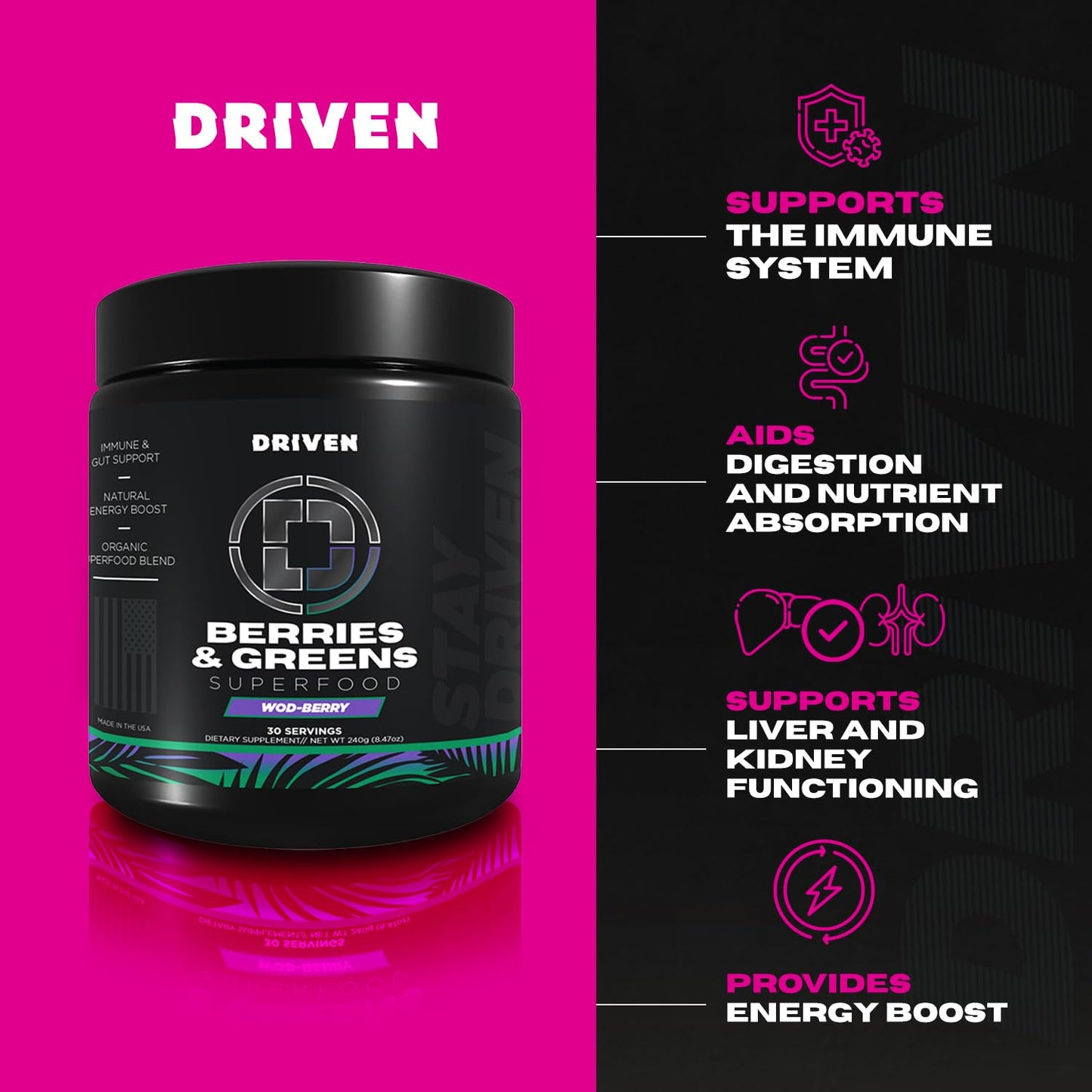 Driven Nutrition B&G Berries & Greens Superfood Powder, 8.47 Ounce