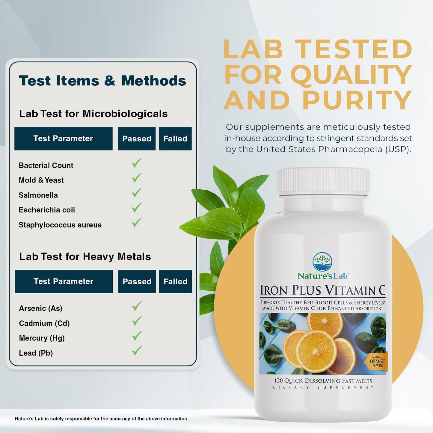 Nature's Lab Iron Plus Vitamin C Fast Melt Tablets, 120 Tablets