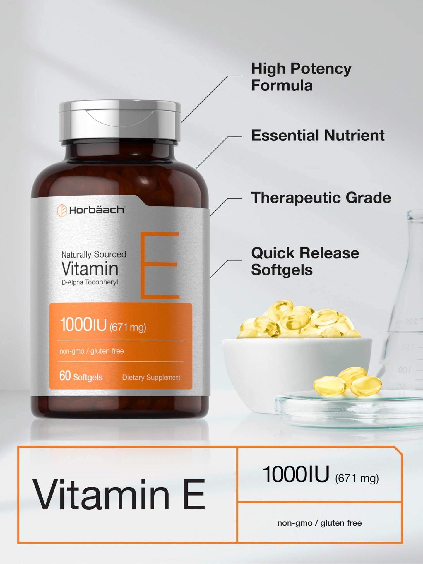 Horbäach Vitamin E 1000 IU Softgels, 60 Count