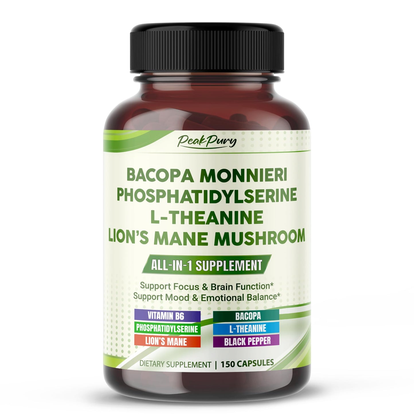 PEAKPURY Bacopa, Phosphatidylserine, L-Theanine & Lion’s Mane All-in-1 Capsule, 150 Count