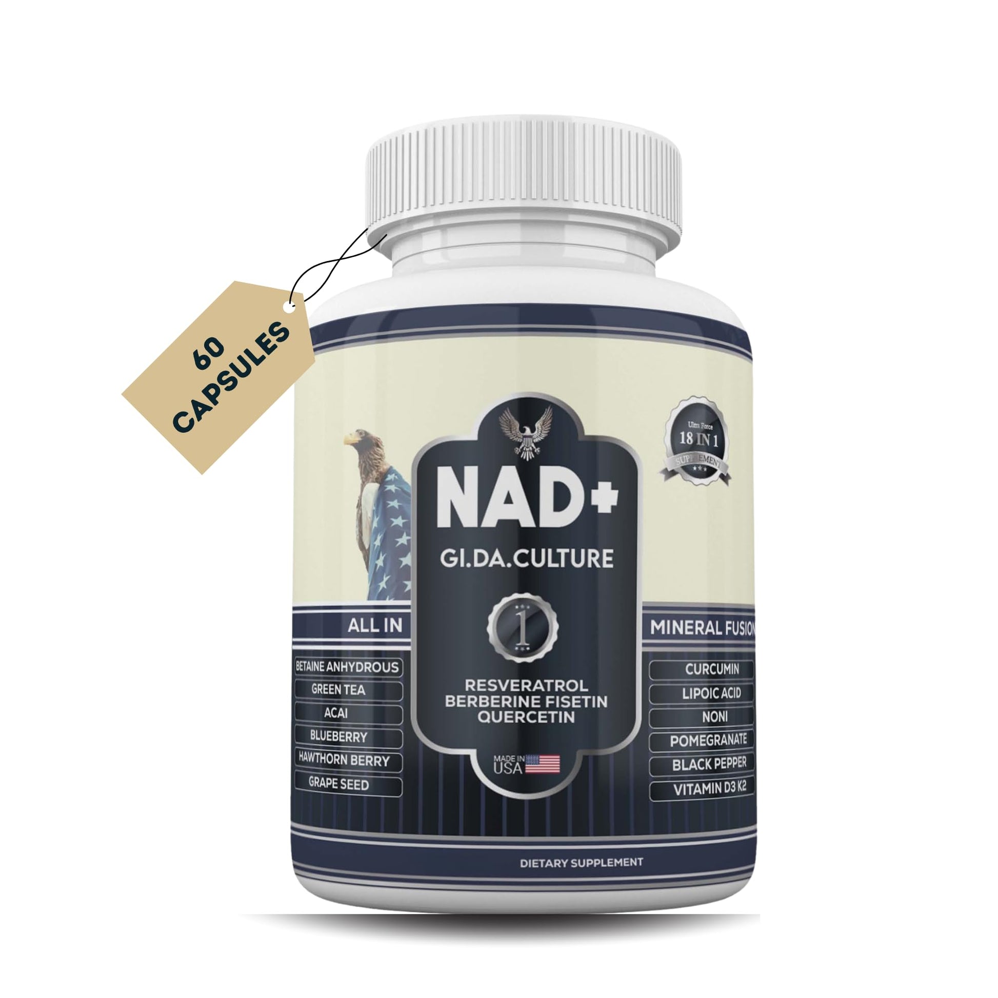 Gi.Da.Culture NAD+ Resveratrol Supplement for Energy, Cellular Health & Healthy Aging – High Potency NAD Plus Capsules, 60 Count