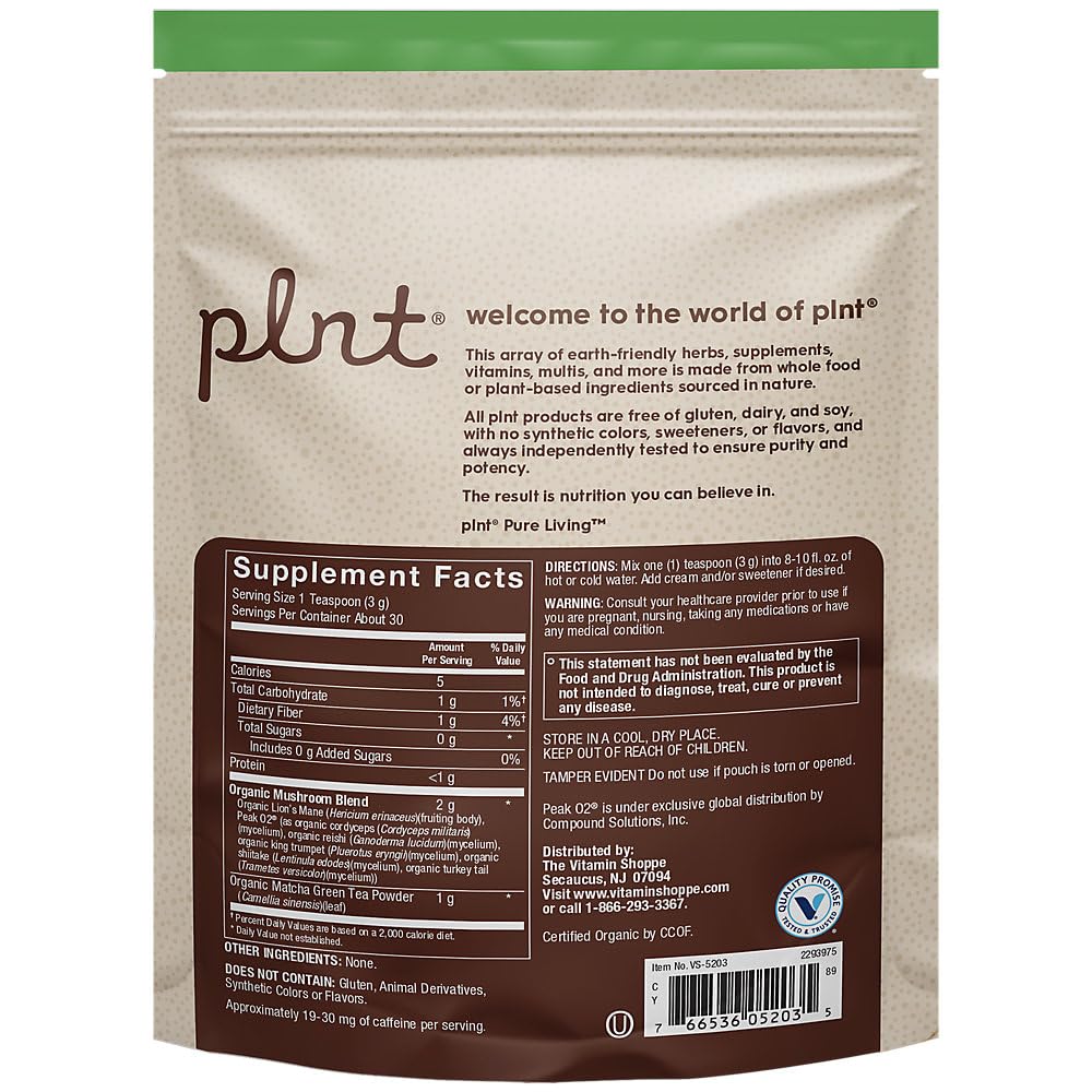 plnt Organic Matcha Mushroom Powder Adaptogenic Superfood Formula for Brain & Body Fuel, 3.2 Ounce